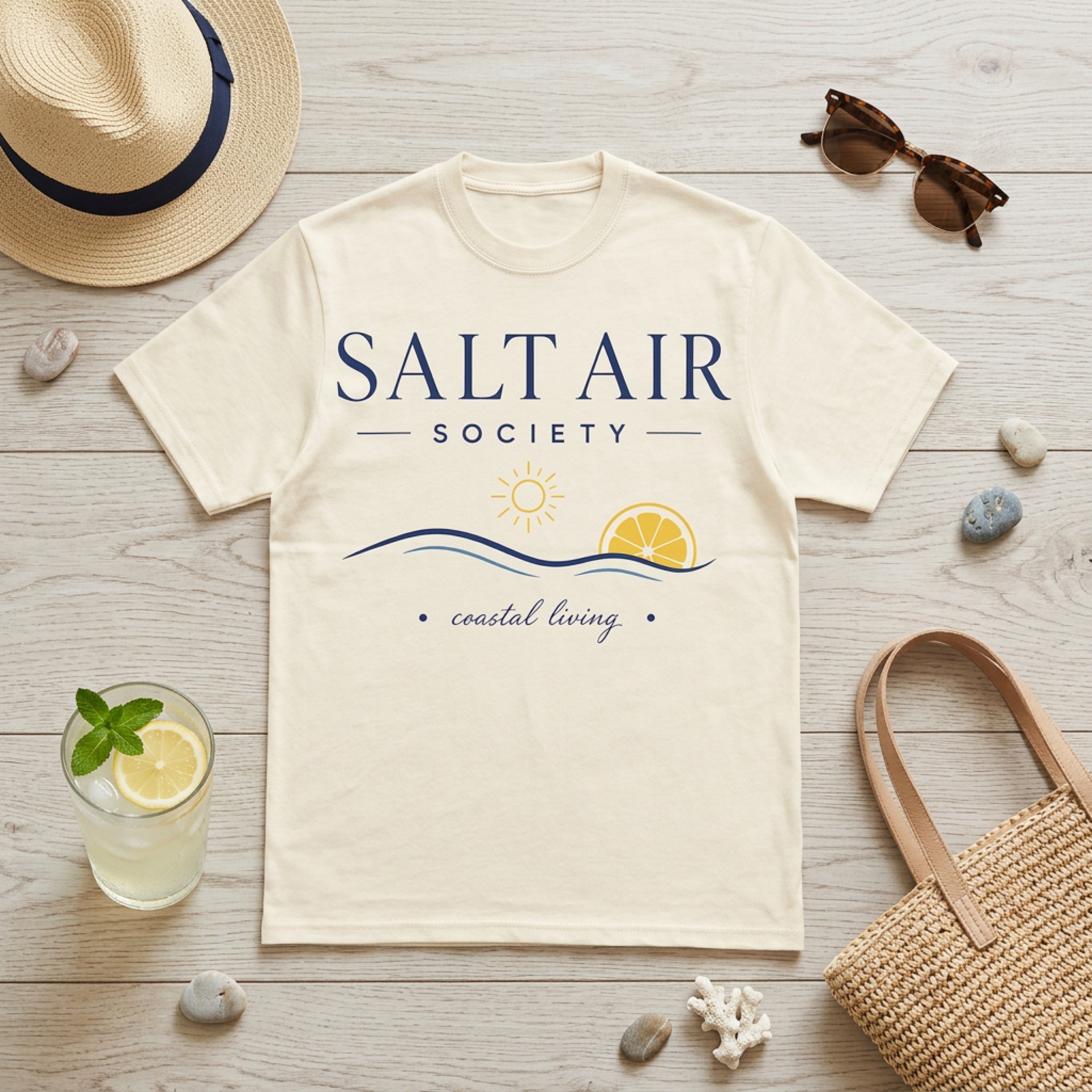 Cream t-shirt with "SALT AIR SOCIETY coastal living" text and a sun and orange slice graphic.