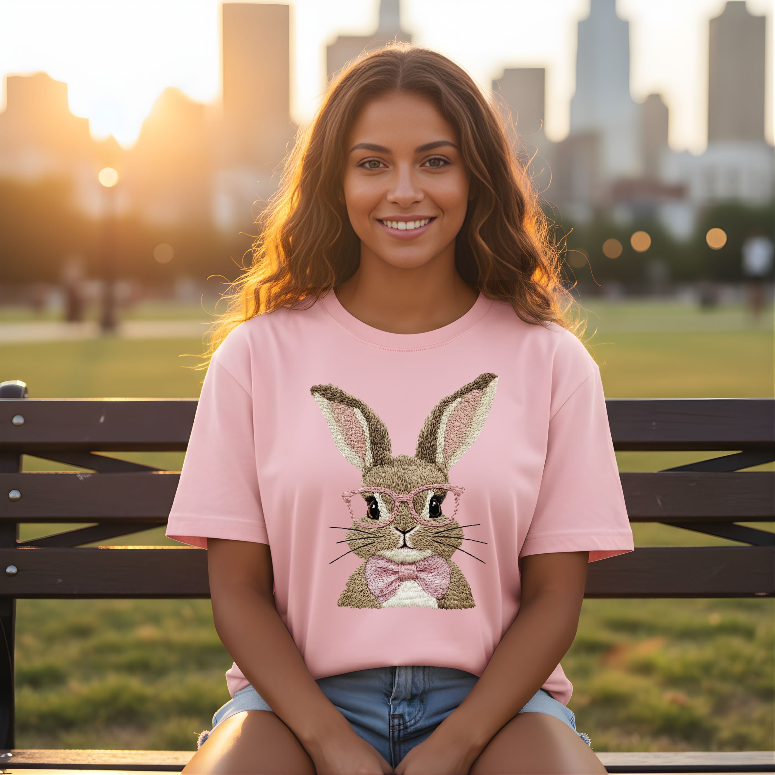 Cute Bunny with Glasses and Bow Pink T-shirt