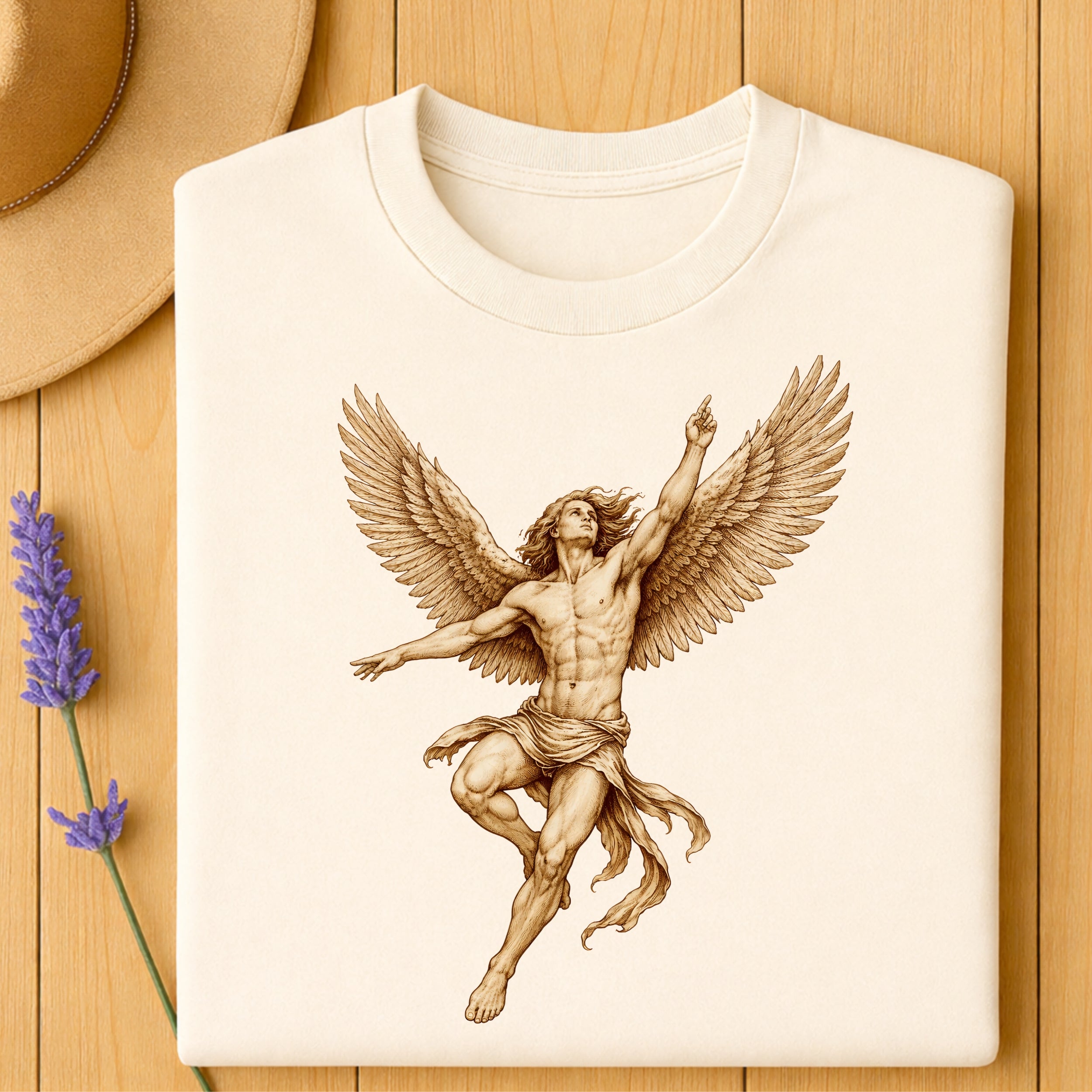 Angelic Winged Figure on Beige Shirt Vintage Design