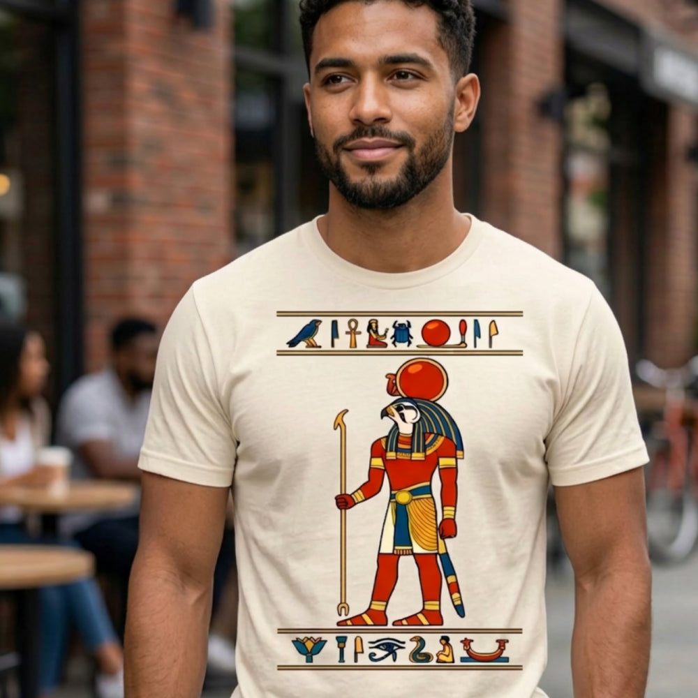 T-shirt featuring ancient Egyptian deity Horus in red and blue attire with hieroglyphs.