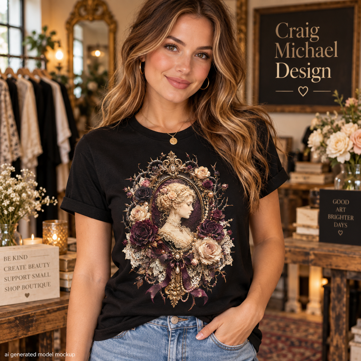 Black t-shirt with oval portrait of woman surrounded by ornate flowers and jewels.