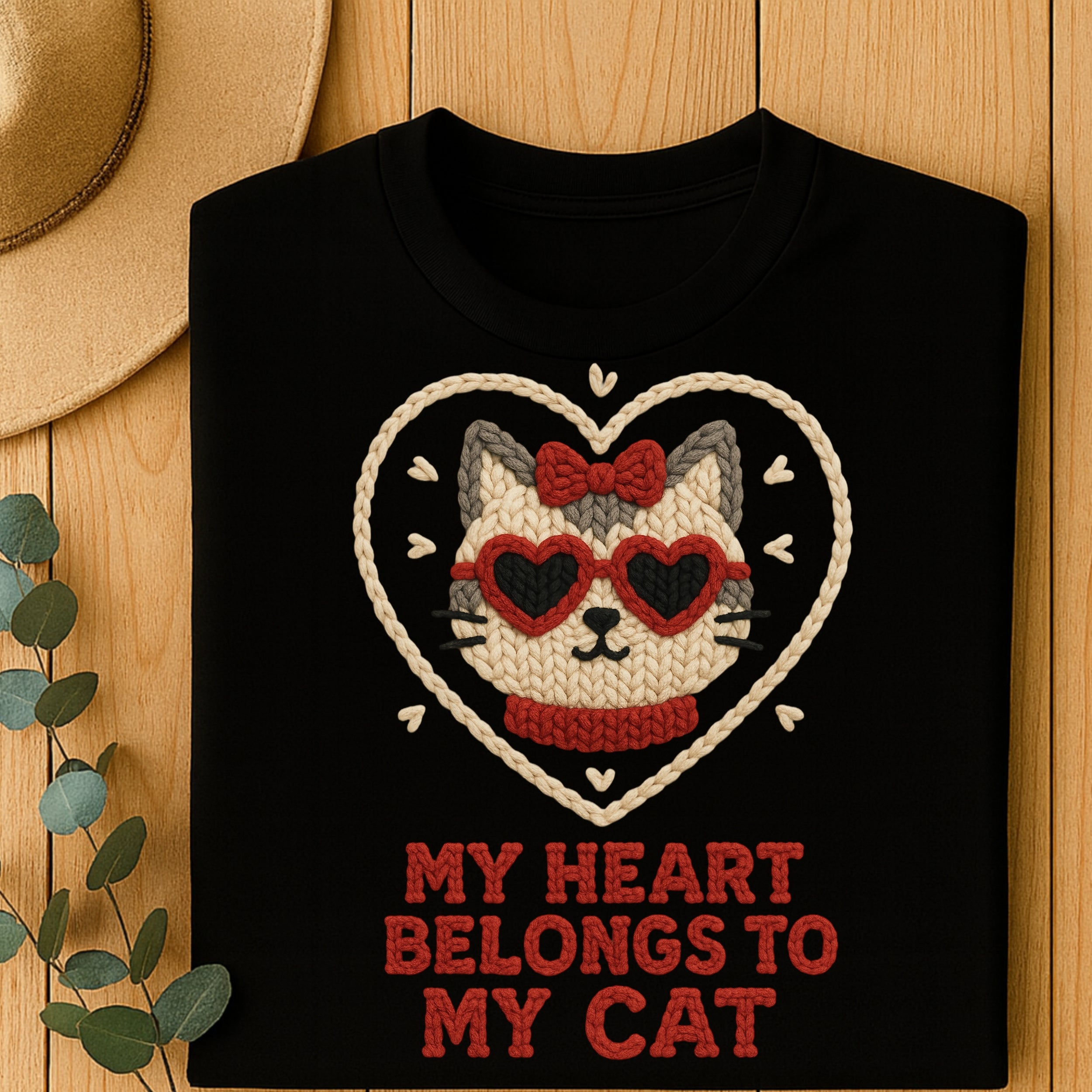 My Heart Belongs to My Cat Heart Knit Design Shirt