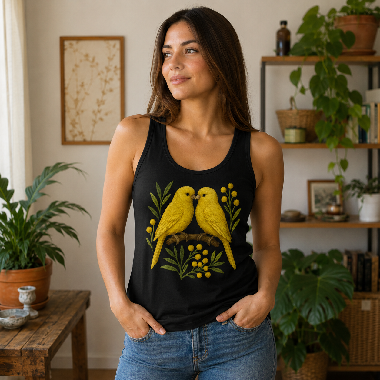 Black tank top with yellow birds and floral design.
