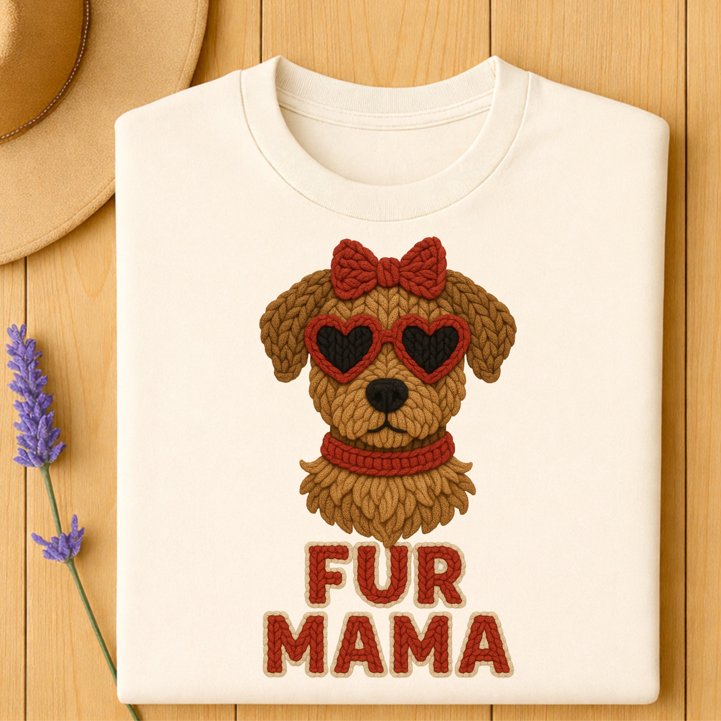 Cream sweater with knitted dog graphic wearing heart sunglasses and "FUR MAMA" text.