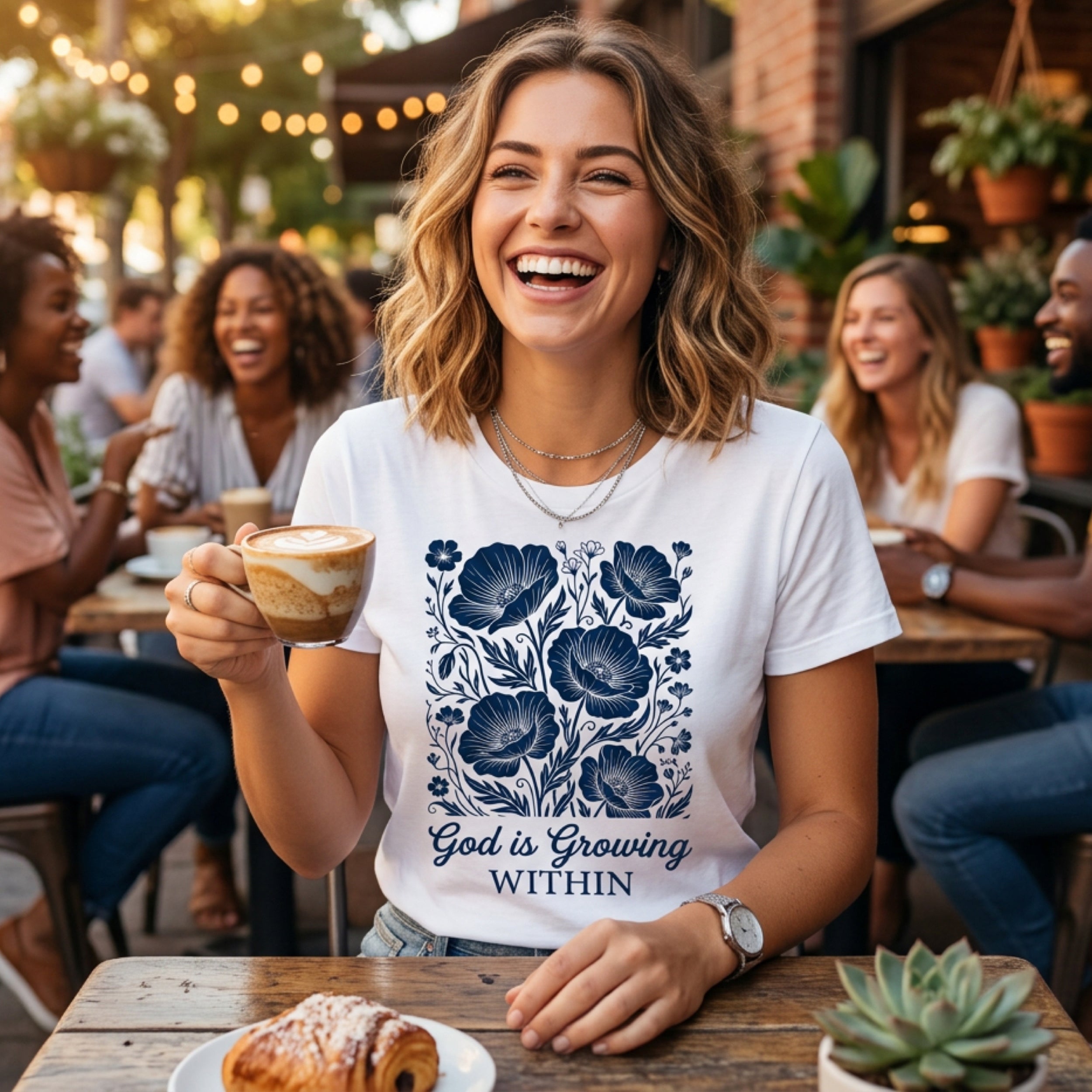 Woman in white t-shirt with blue floral design and text.