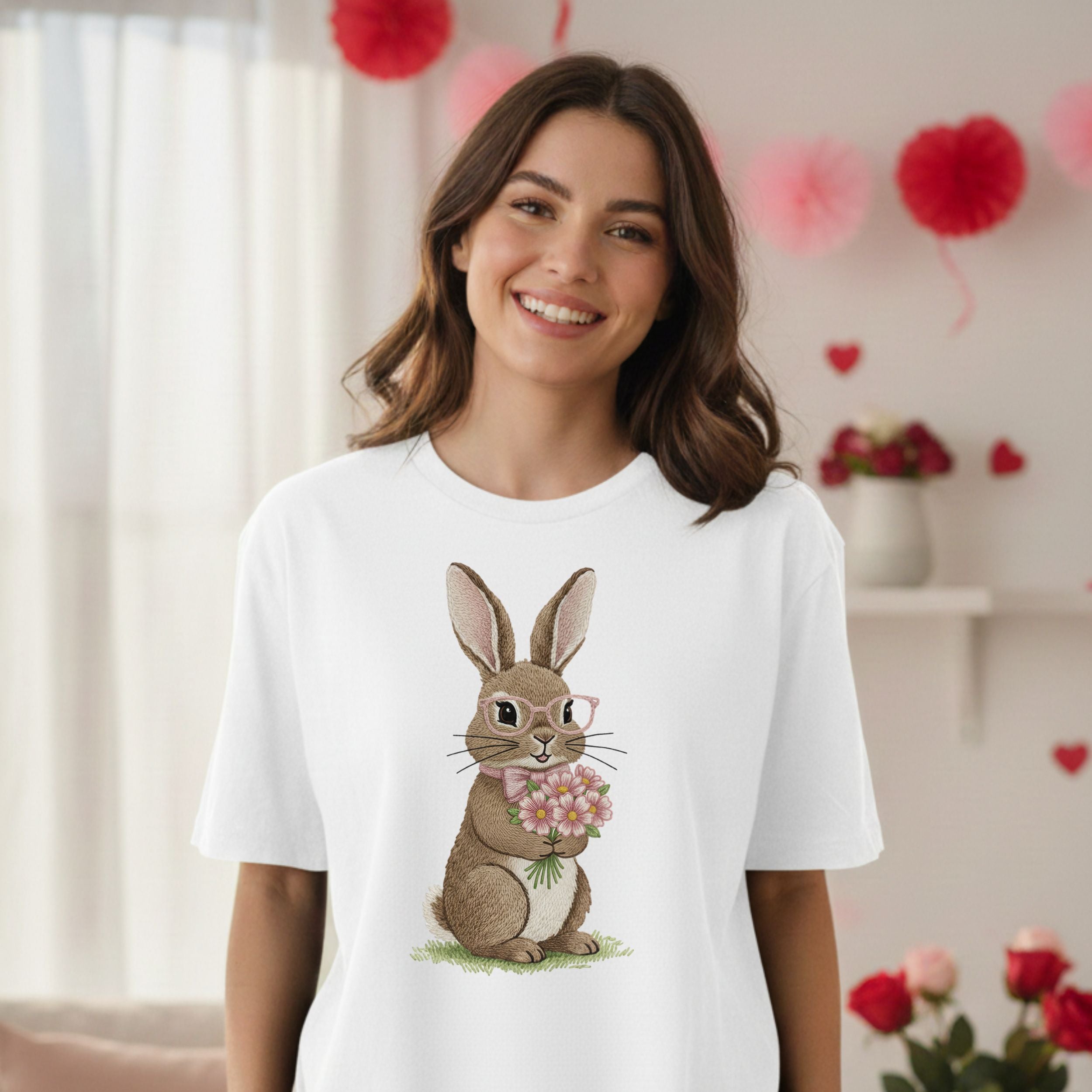 Cute Bunny with Flowers Graphic Tee Shirt