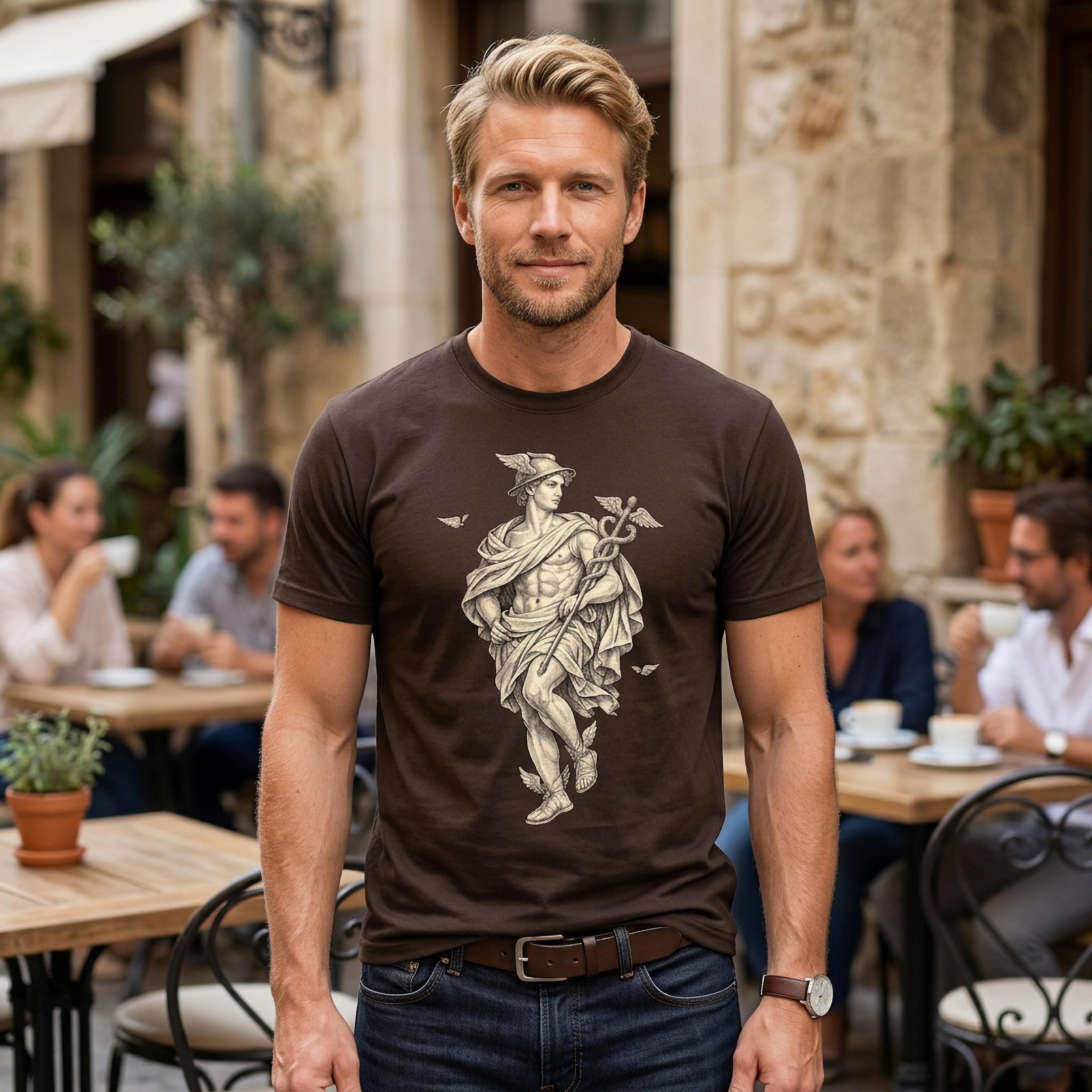 Man in brown t-shirt with winged figure graphic, standing outdoors.