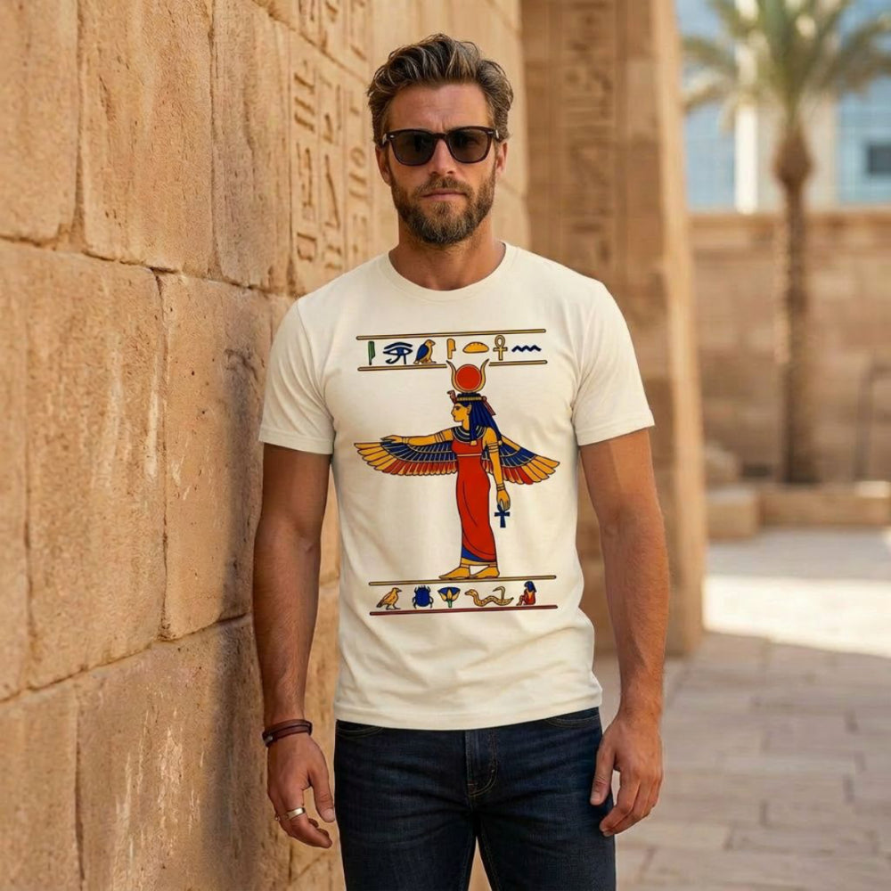 Man wearing a cream t-shirt with Egyptian goddess Isis graphic.