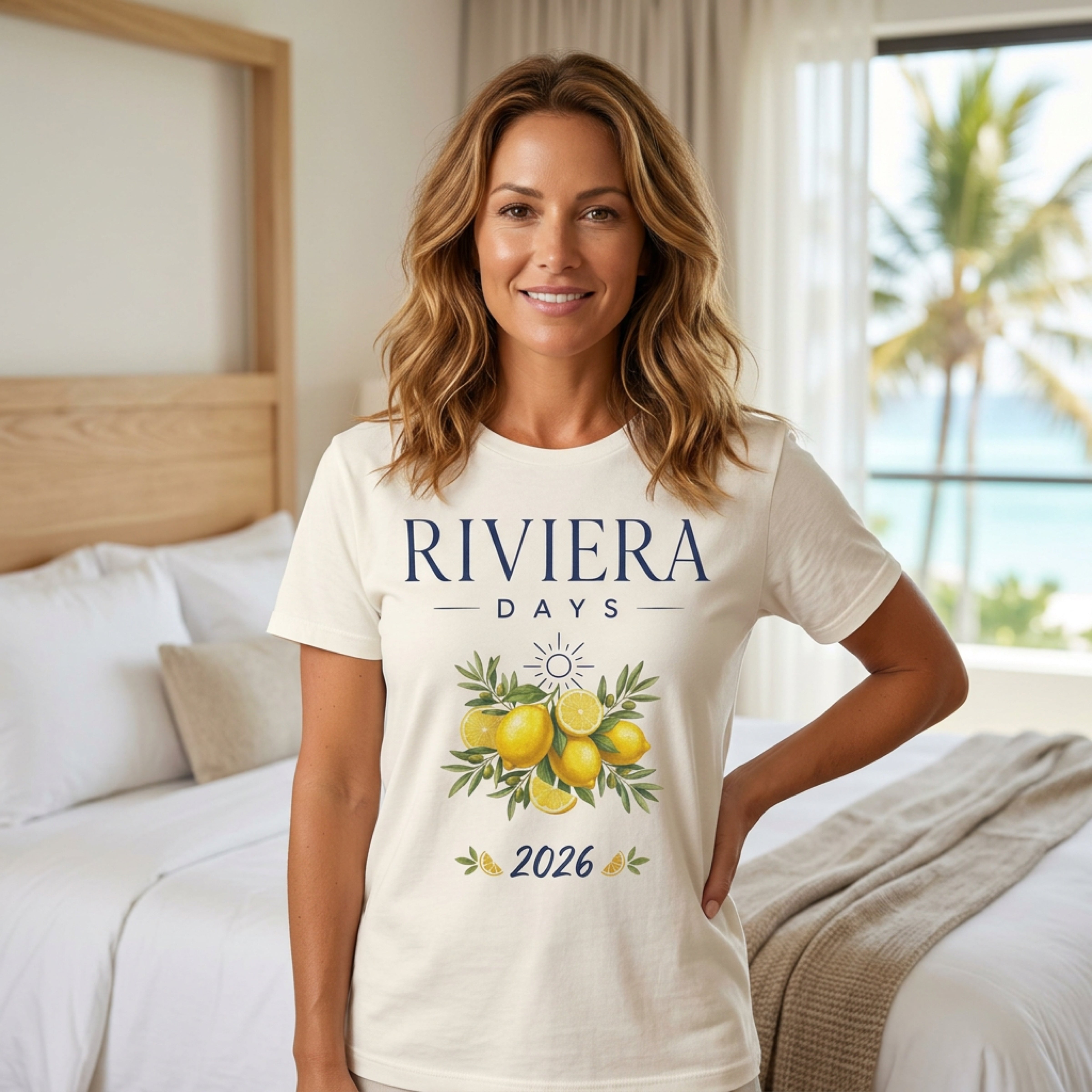 Cream t-shirt with "Riviera Days 2026" and lemon branches graphic.