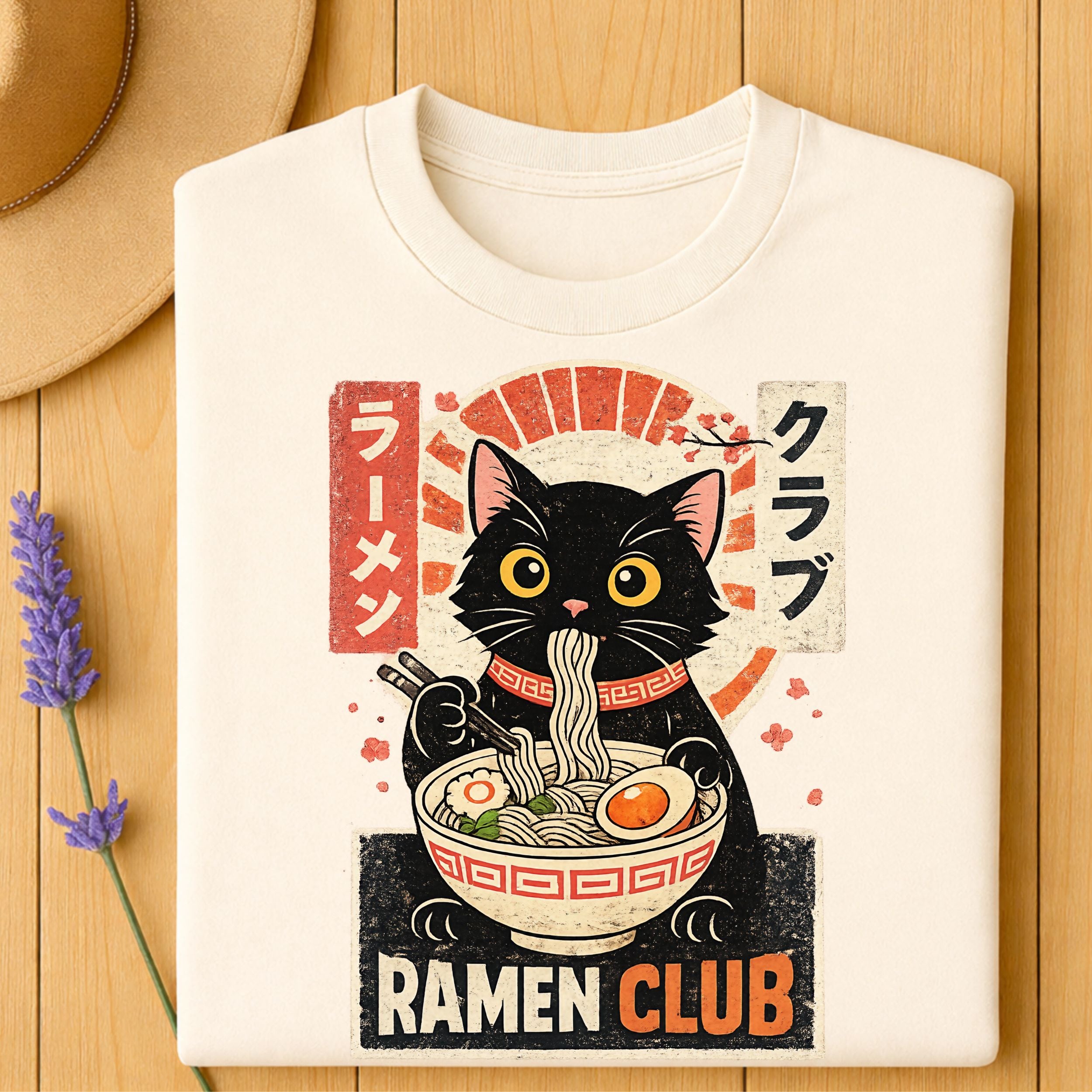 Vintage Style Ramen Club Cat Graphic Tee Shirt