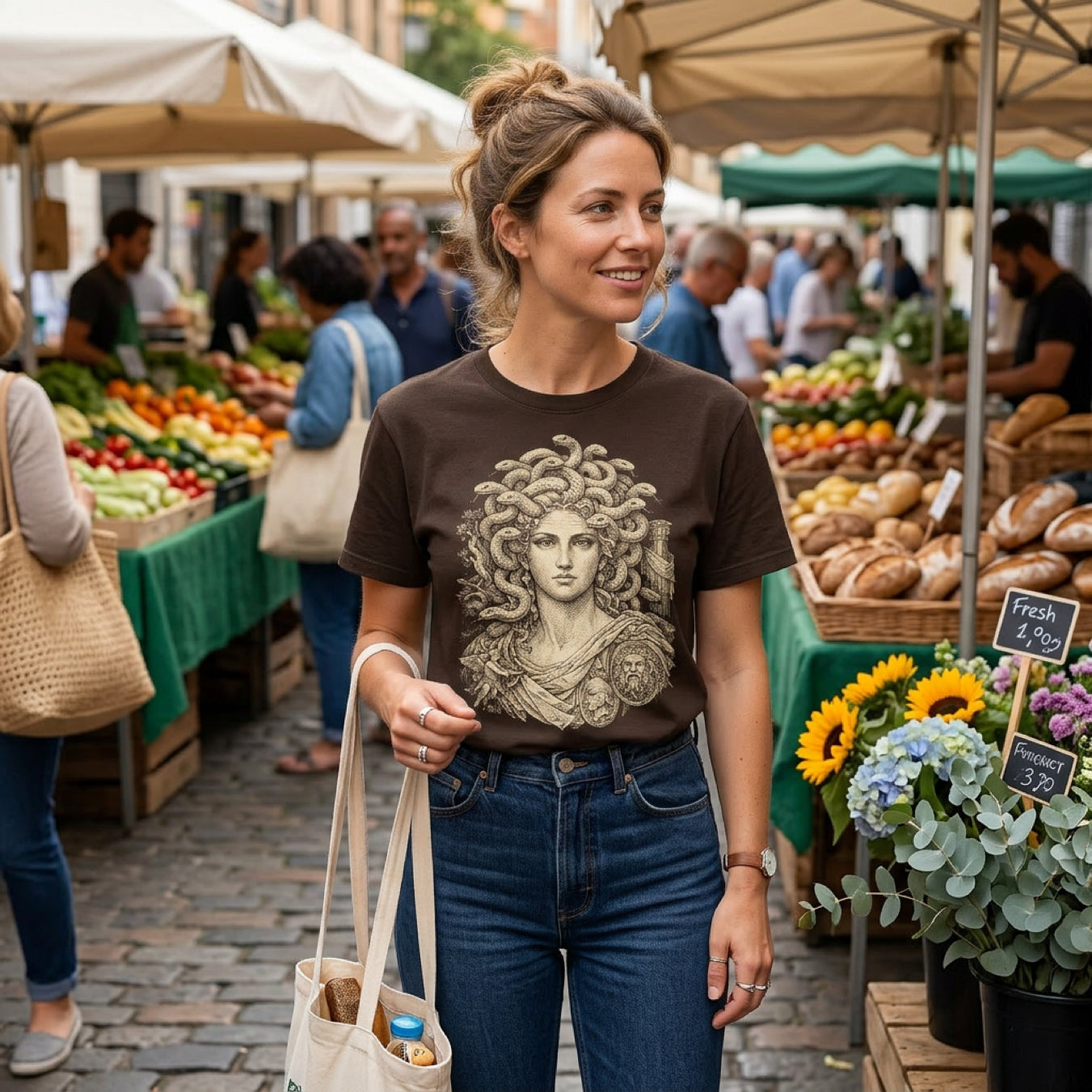 Woman in brown t-shirt with Medusa graphic at outdoor market.