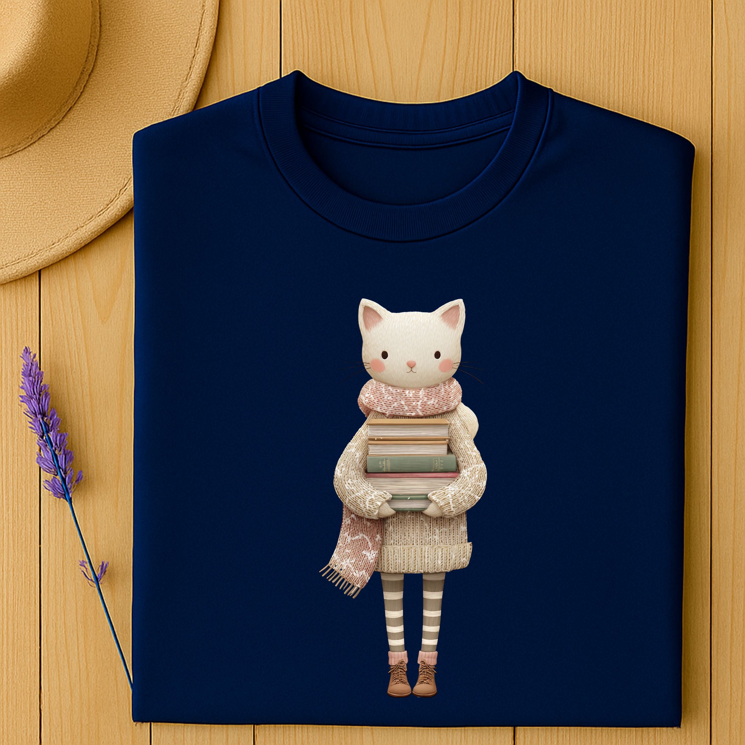 Cute Cat Holding Books Wearing Scarf Graphic Design Shirt
