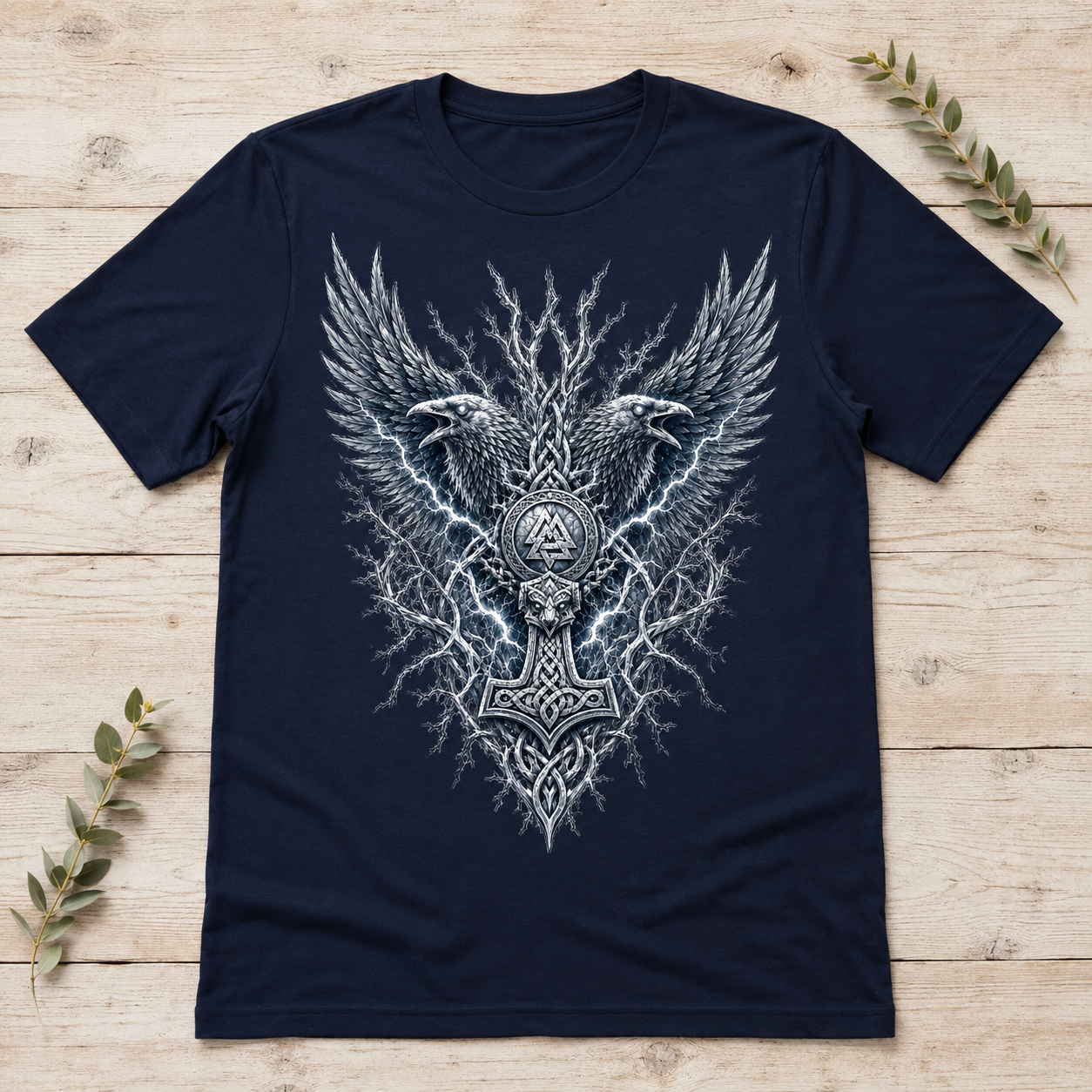 Navy t-shirt with Thor's Hammer and ravens design.
