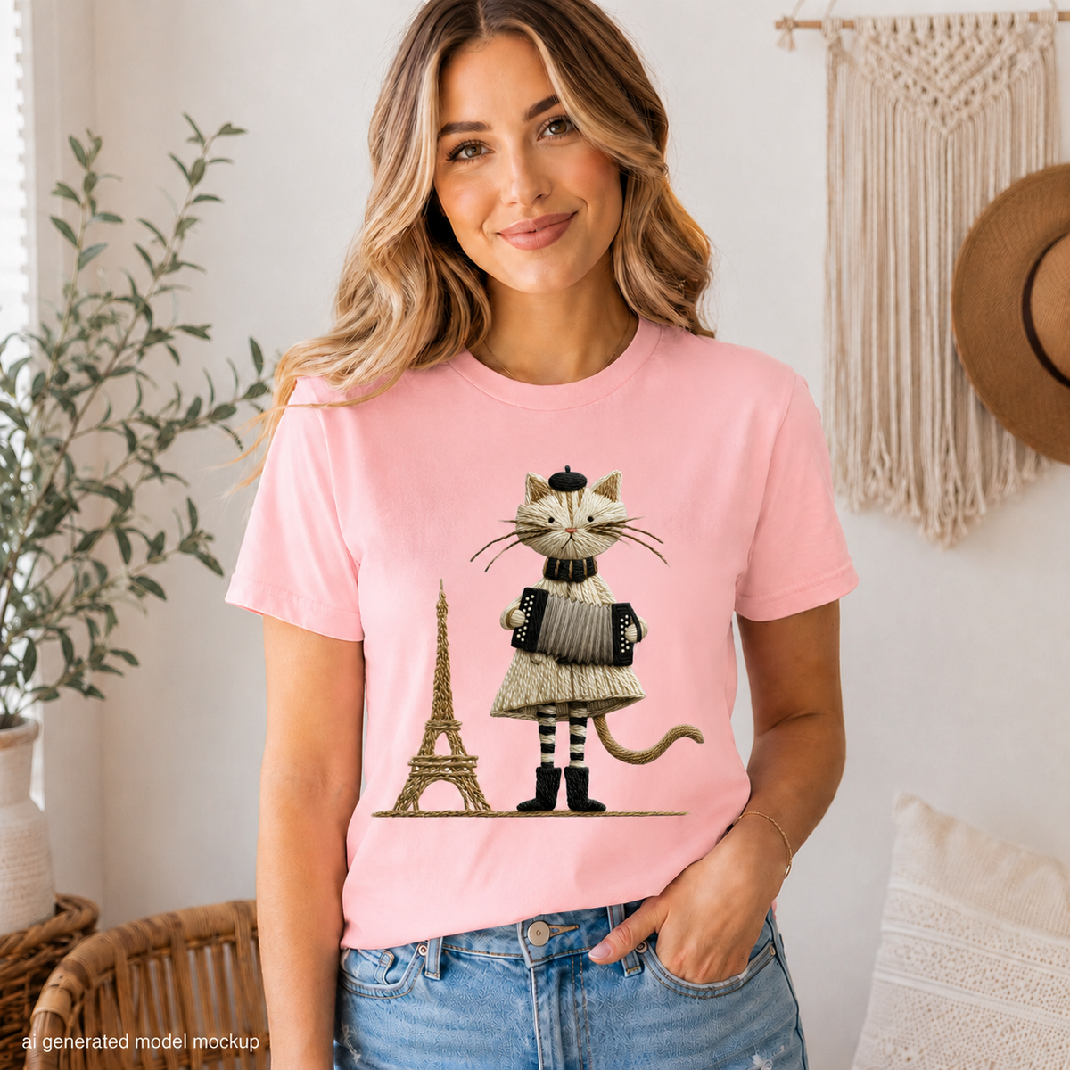 Pink t-shirt with a graphic of a cat playing an accordion near the Eiffel Tower.
