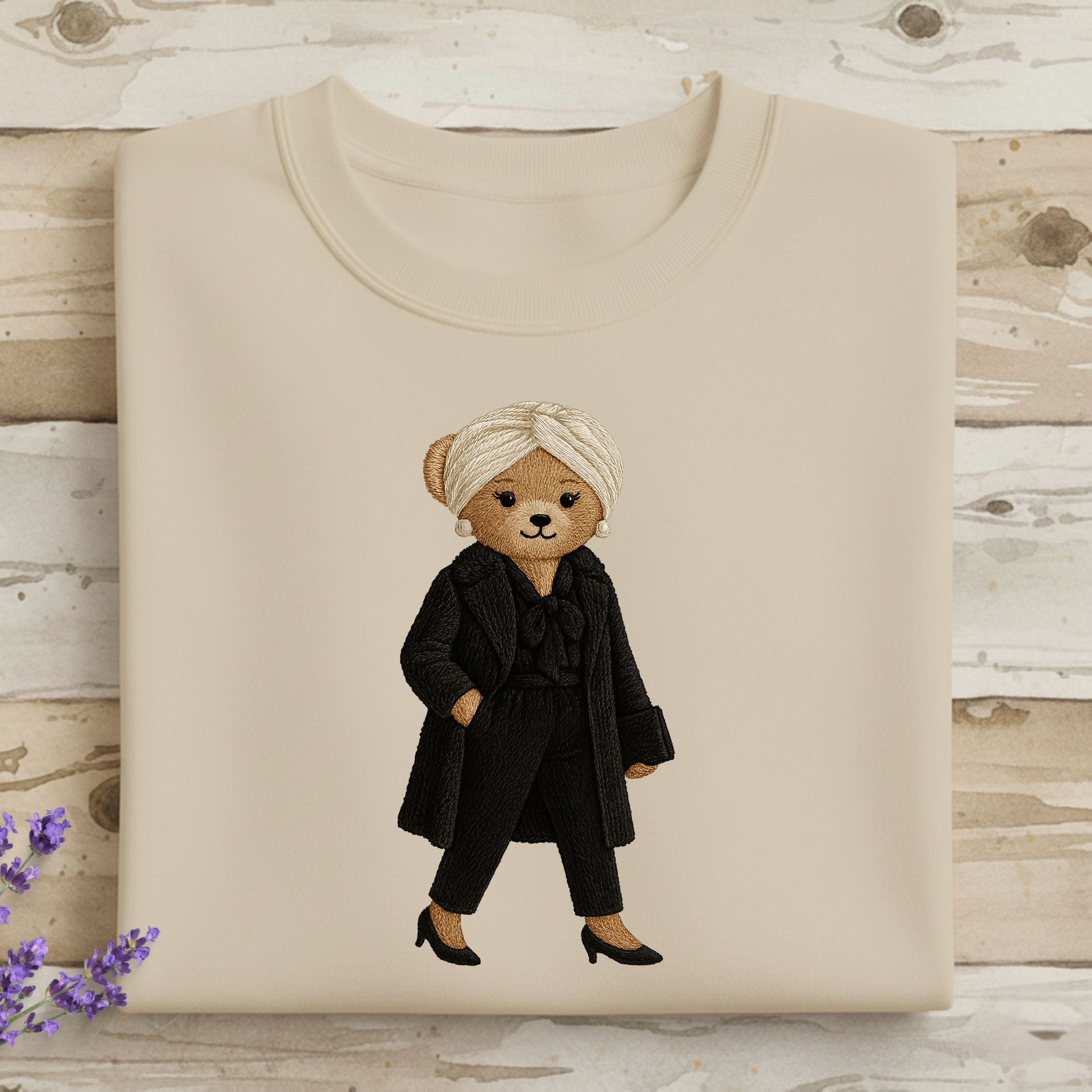 Embroidered Bear in Black Outfit T-shirt for All Ages