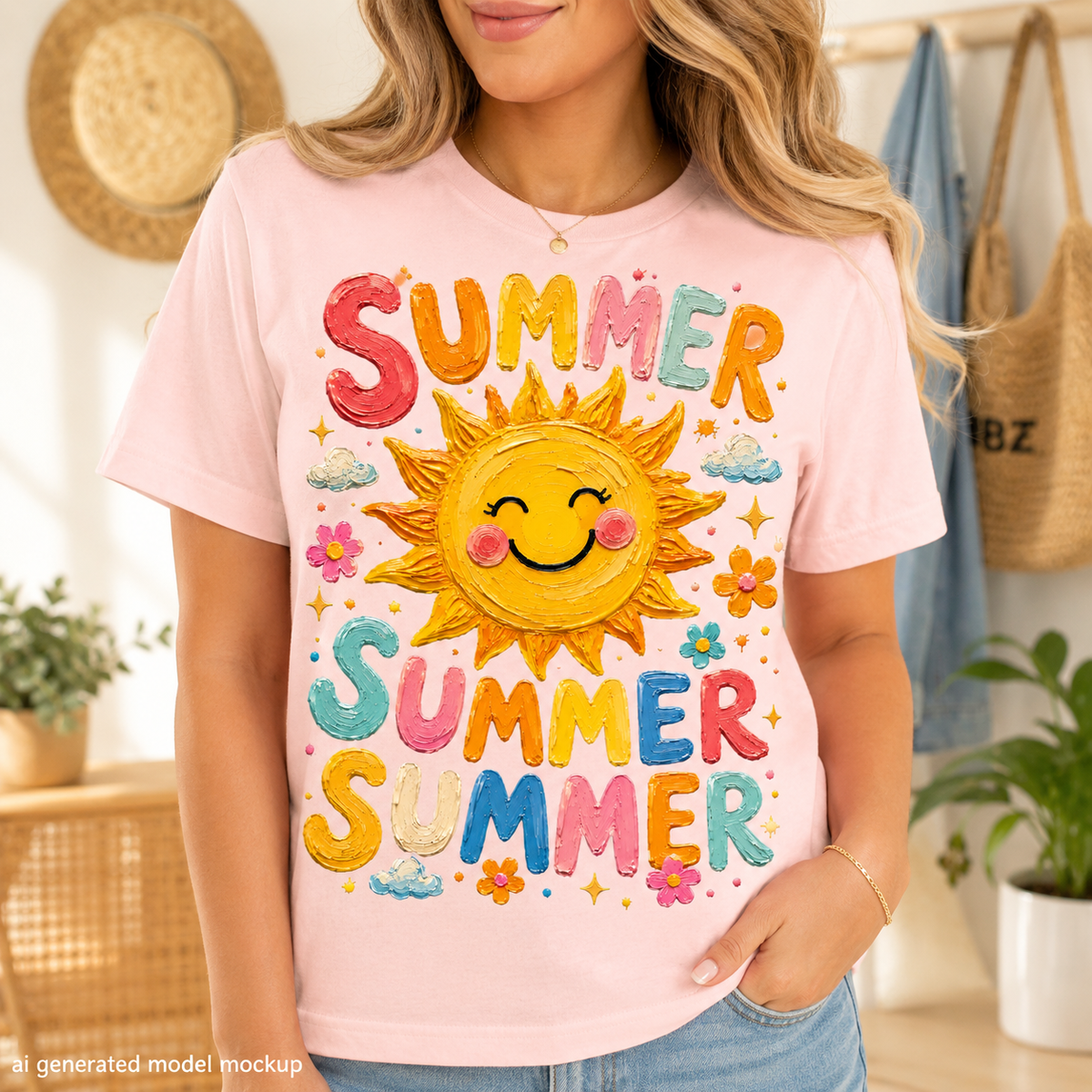 Pink t-shirt with "SUMMER SUMMER SUMMER" text and smiling sun graphic.