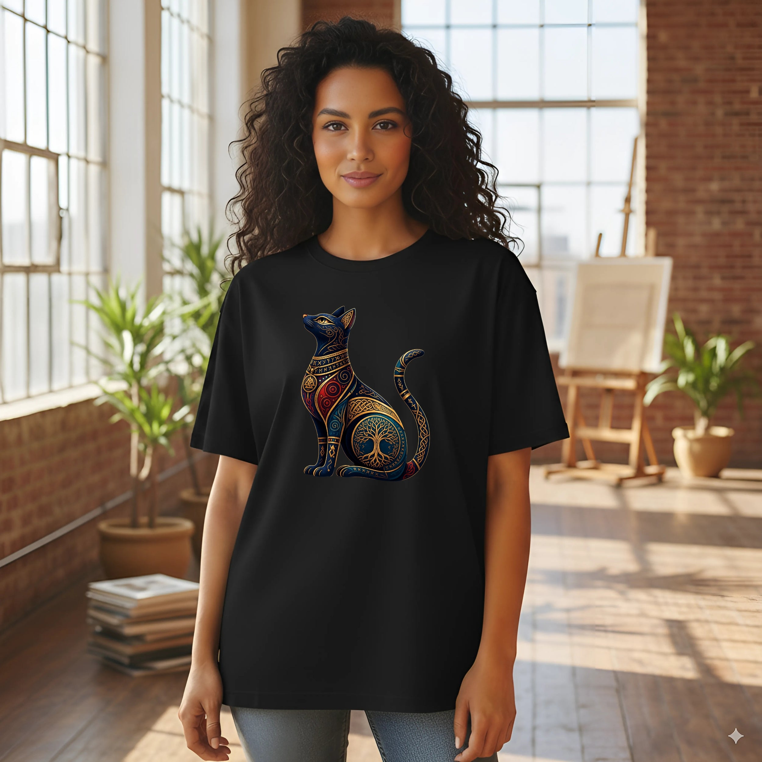 Woman wearing a black t-shirt with a colorful, ornate cat design.