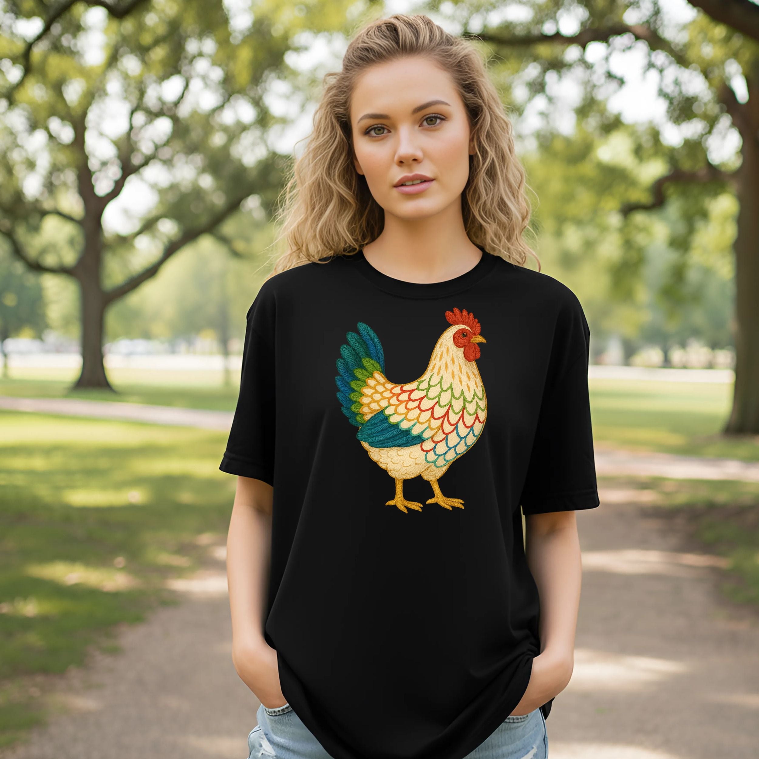 Colorful Rooster Graphic on a Black T-shirt Product