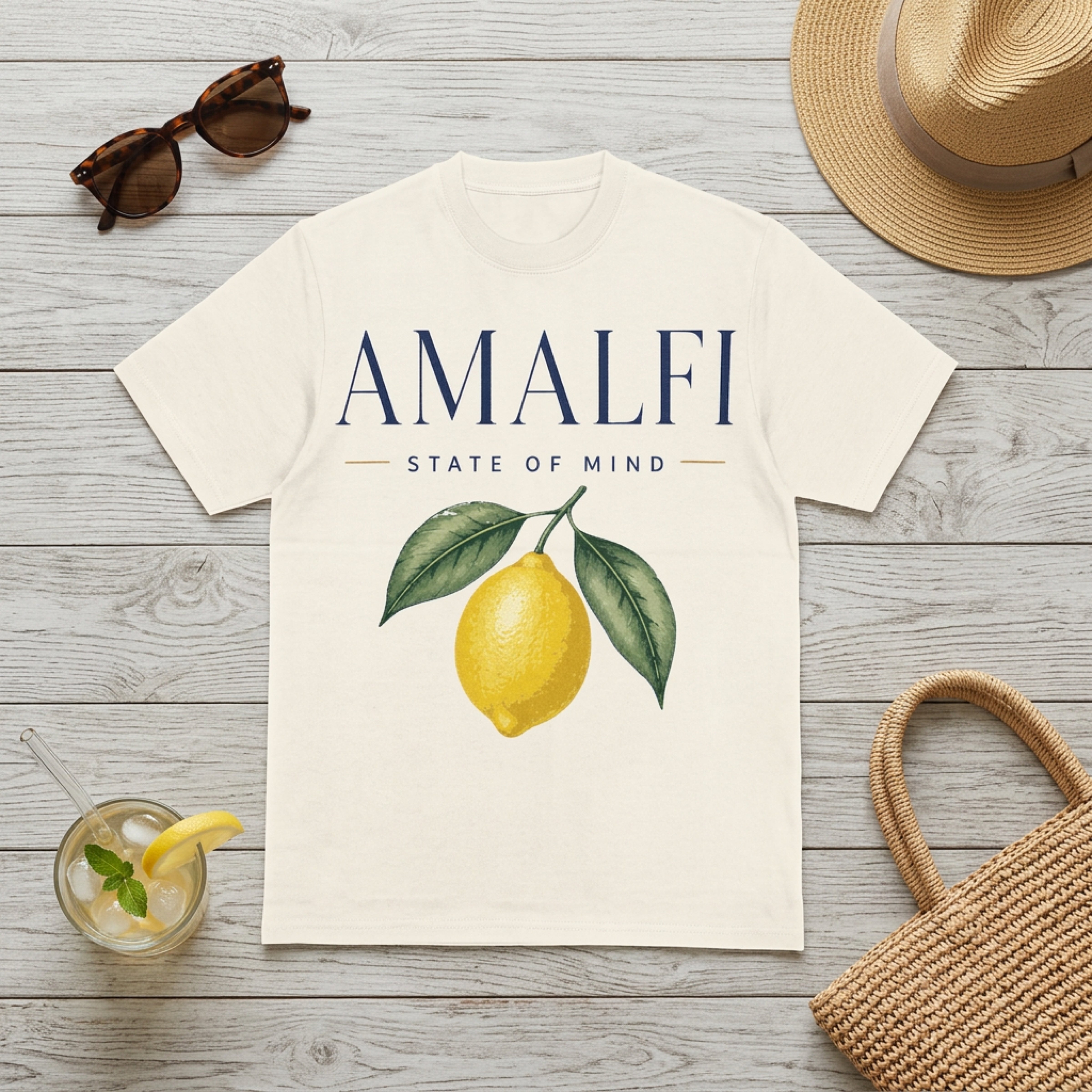 Cream t-shirt with "AMALFI STATE OF MIND" text and a lemon graphic.