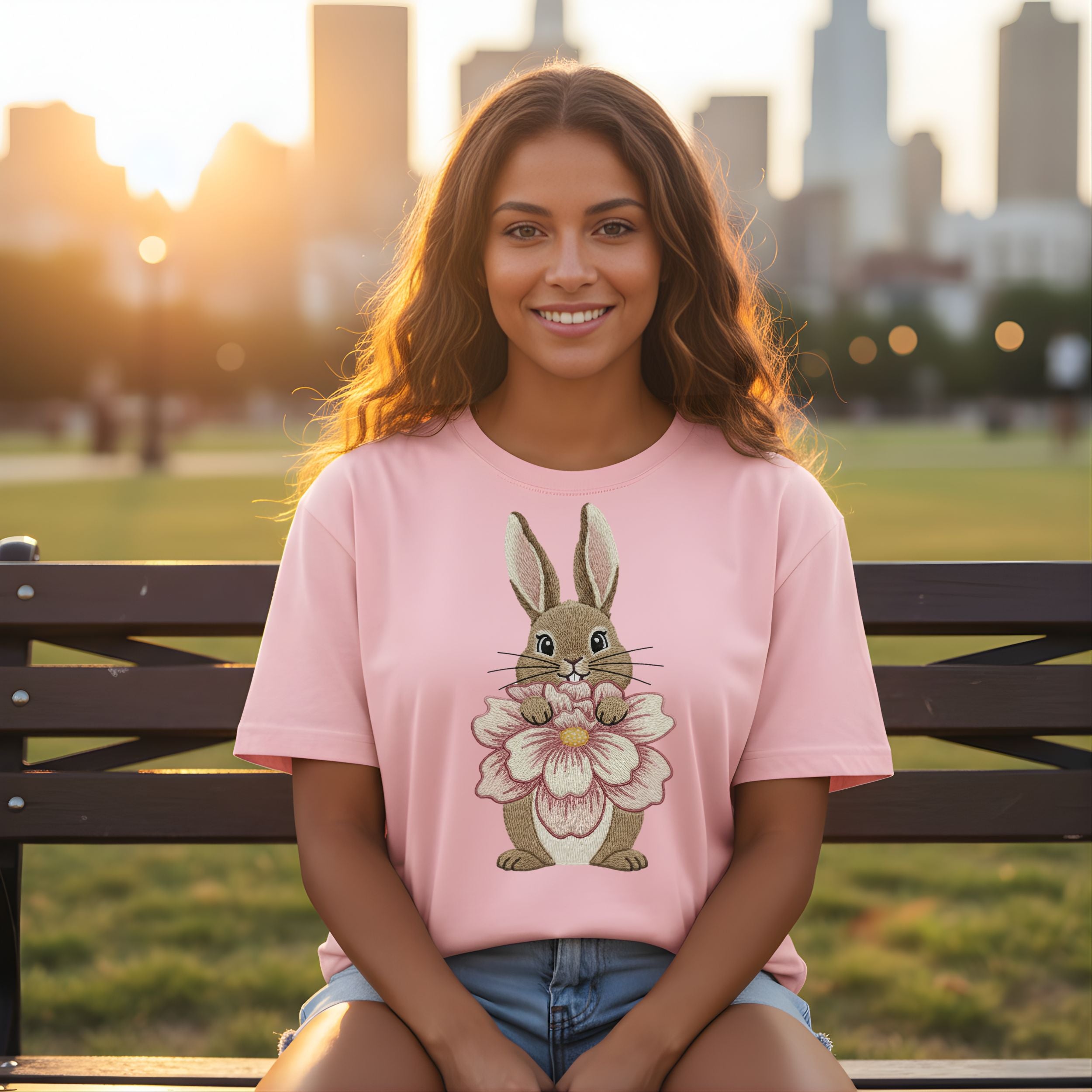 Cute Bunny Flower Graphic Women's T-shirt Outfit