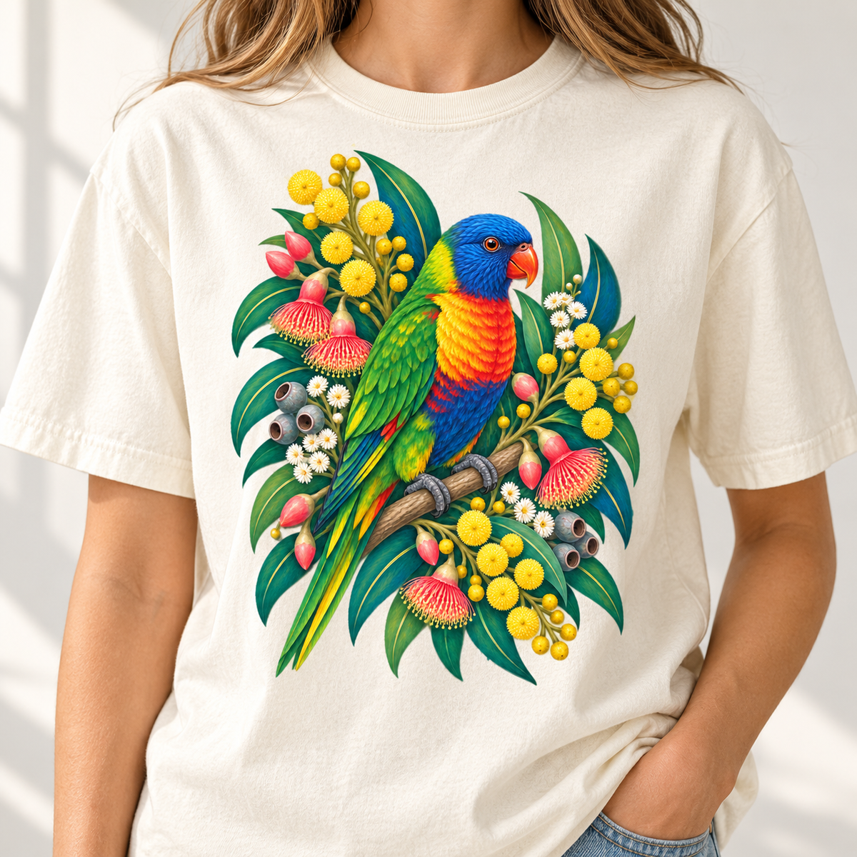 Rainbow lorikeet perched on a branch surrounded by Australian native flowers and leaves.