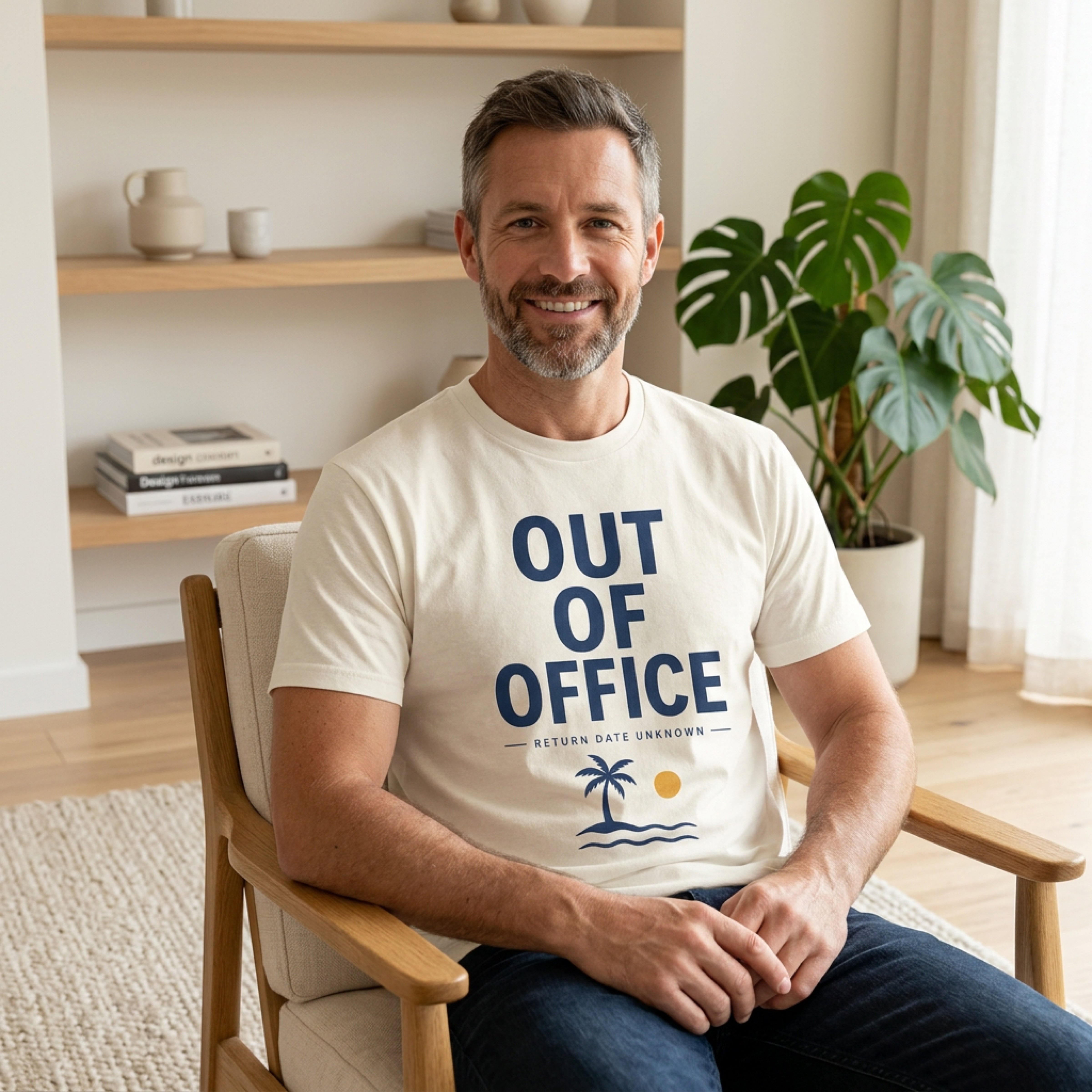 Man in cream t-shirt reading "OUT OF OFFICE RETURN DATE UNKNOWN" sitting in chair.