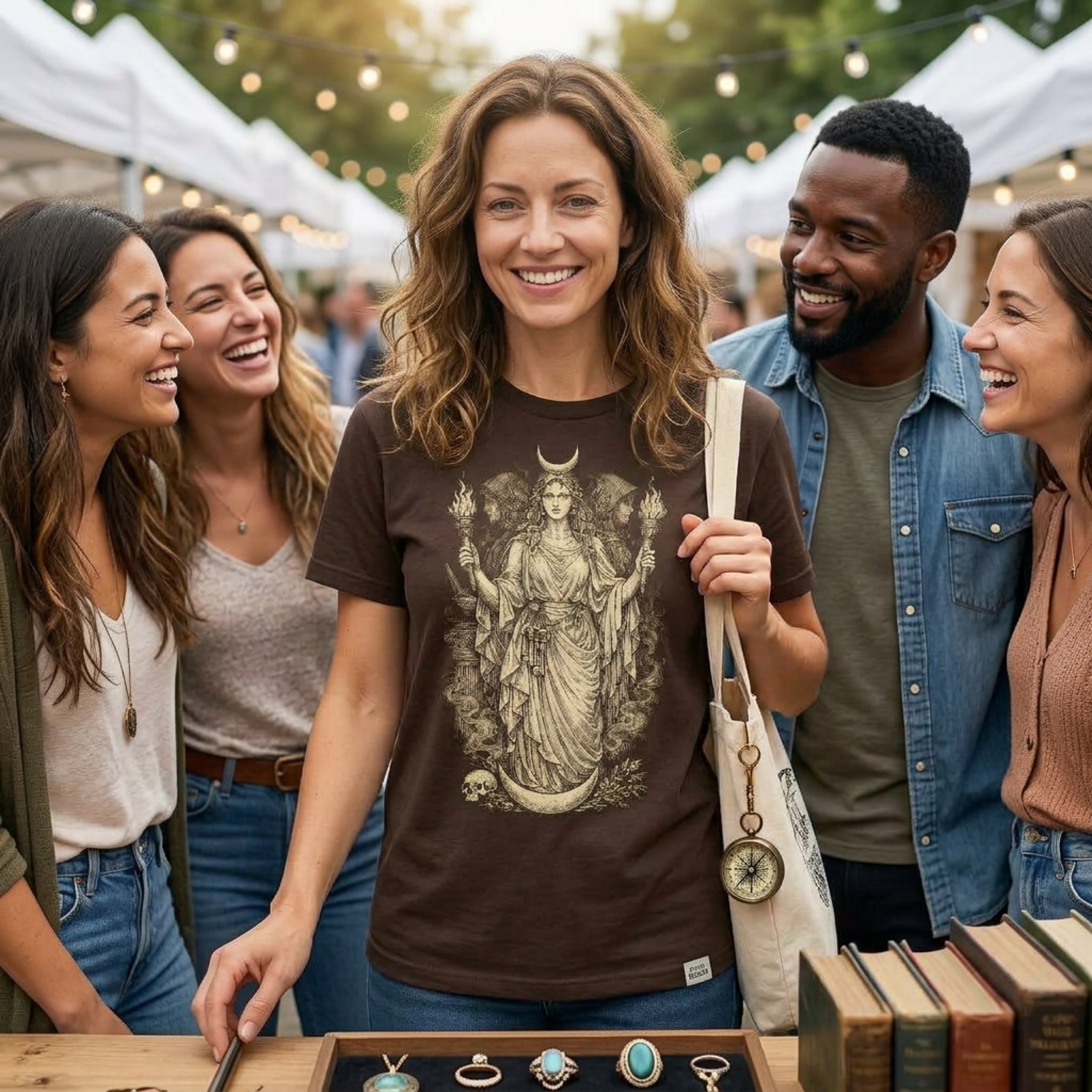 Woman in brown t-shirt with moon goddess graphic and friends at outdoor market.