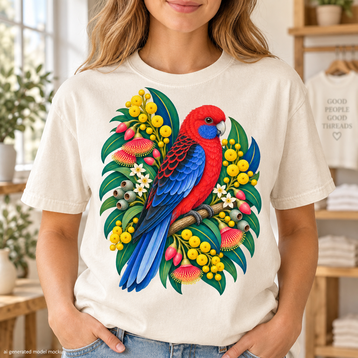Red and blue parrot illustration on a cream t-shirt surrounded by greenery and yellow flowers.