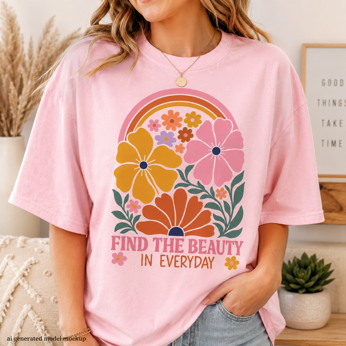 Pink t-shirt with retro floral design and "Find the Beauty in Everyday" text.