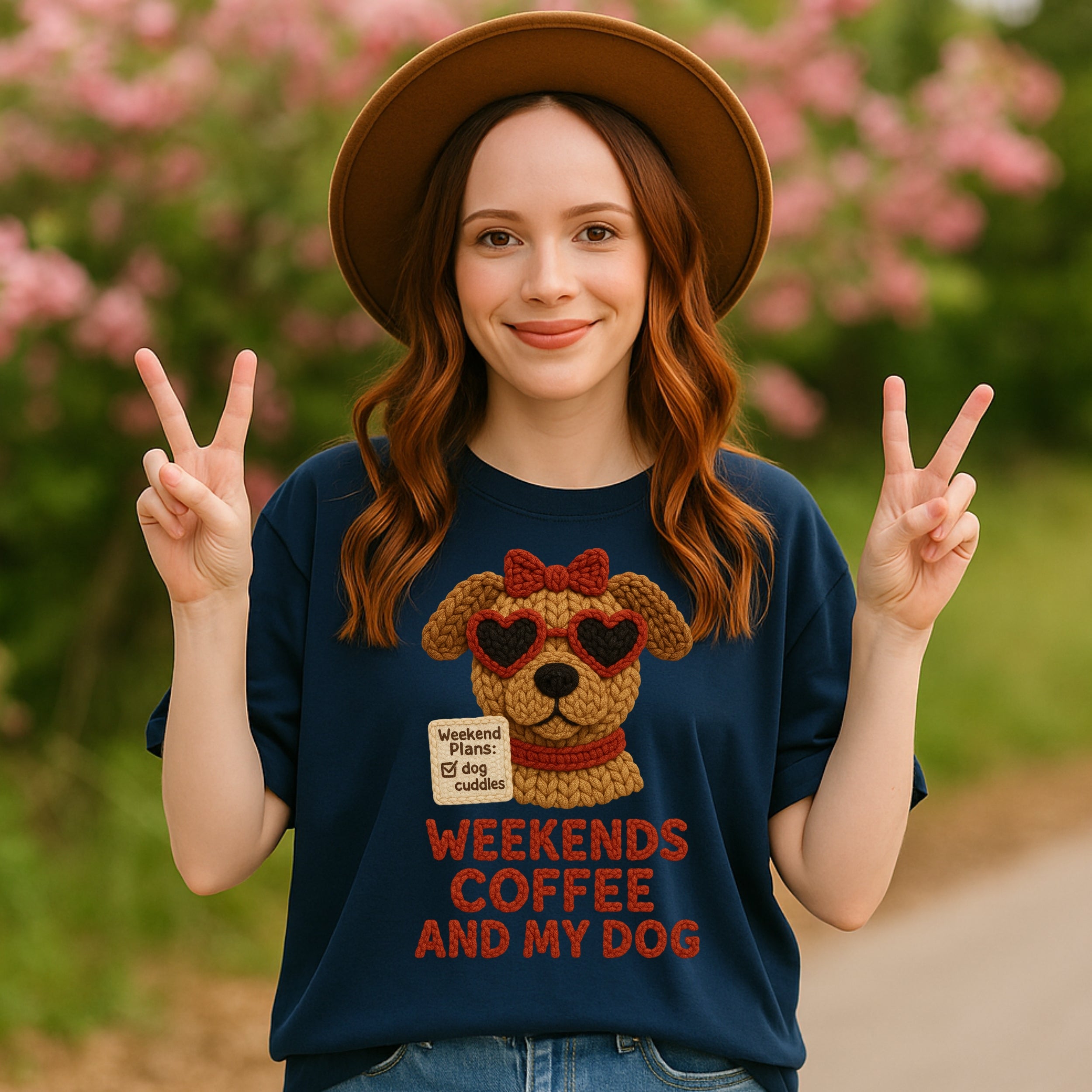 Woman wearing a navy t-shirt with a knitted dog wearing sunglasses and text.