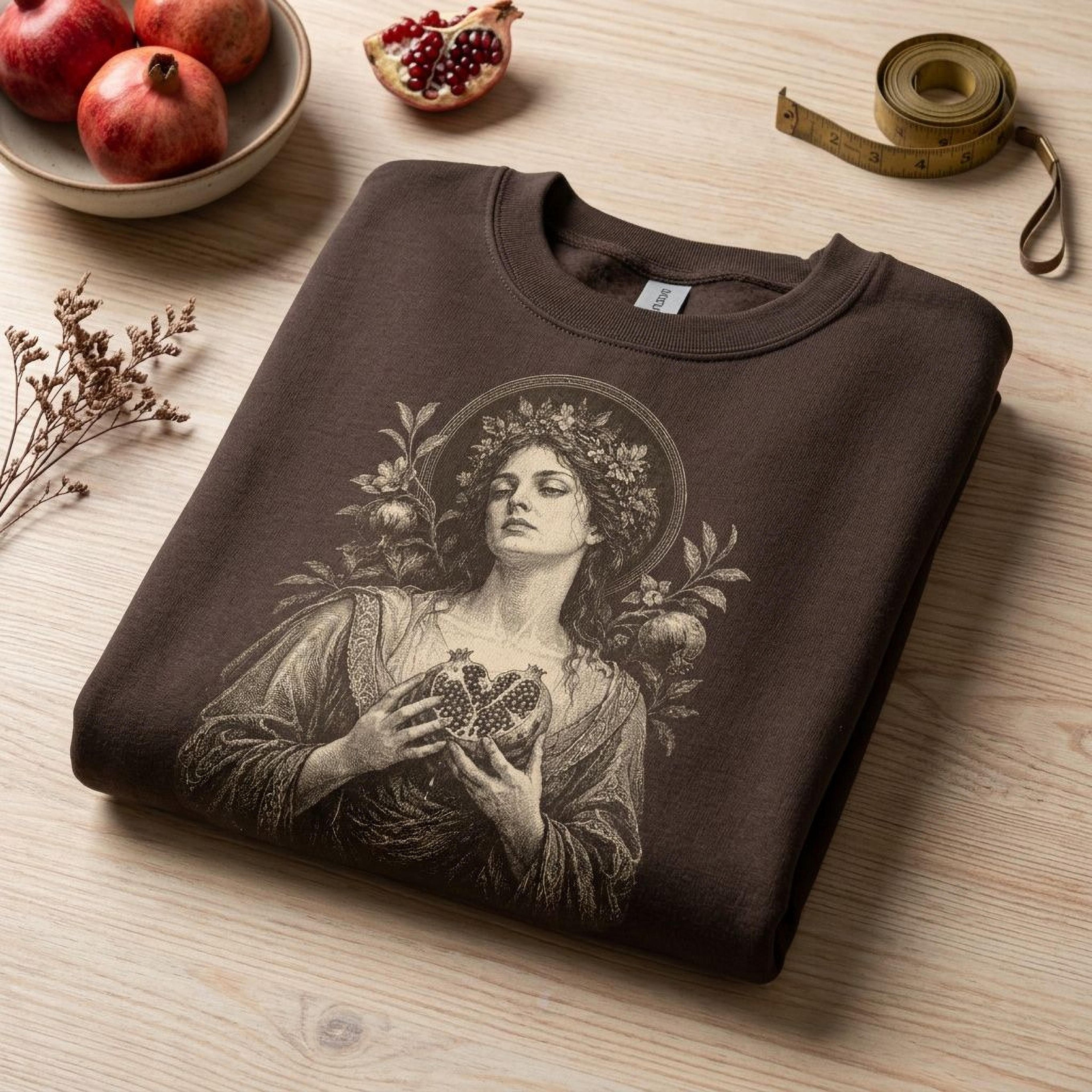 Brown sweatshirt with classical woman holding pomegranate and floral wreath.
