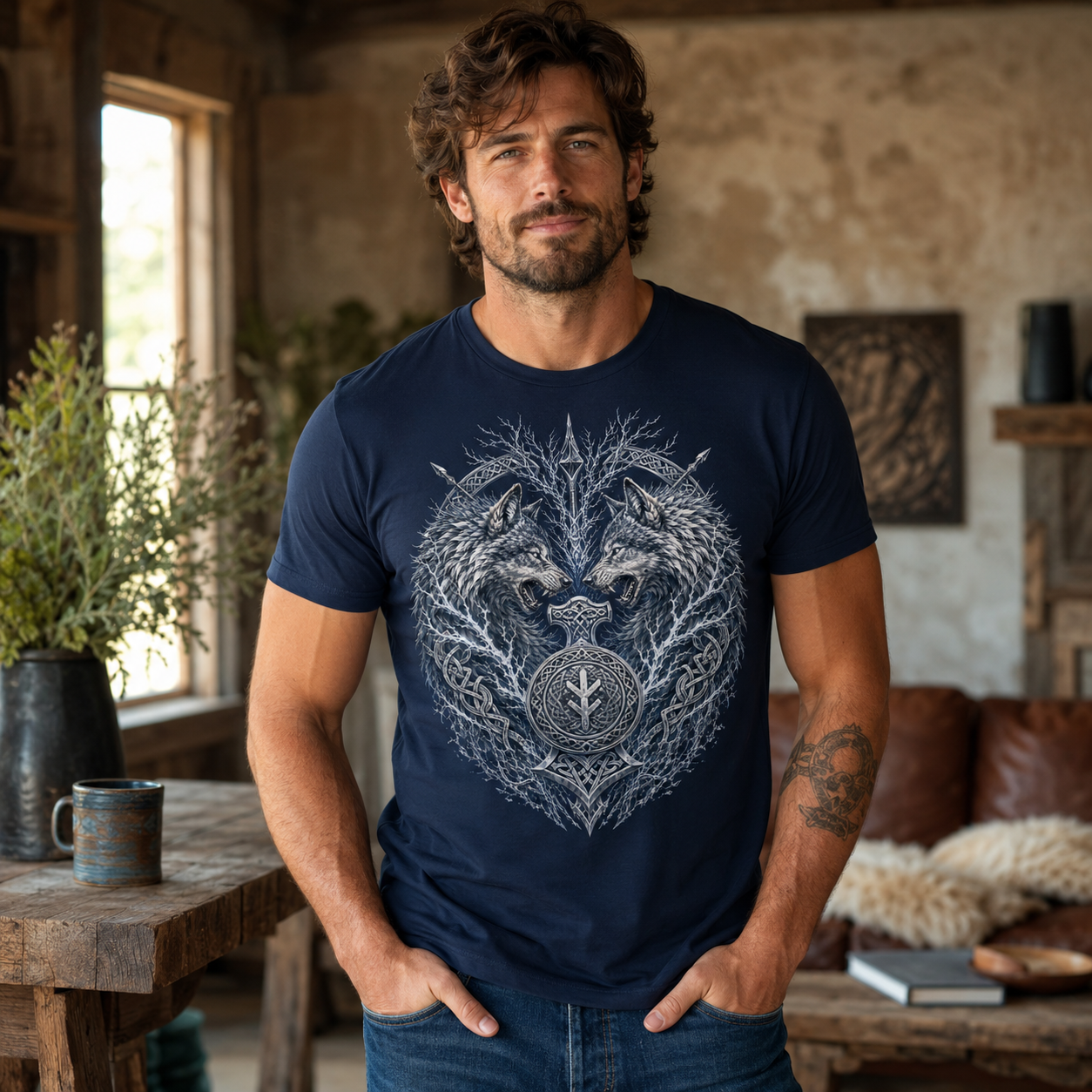 Navy t-shirt with circular Viking knotwork design featuring wolves and a hammer.