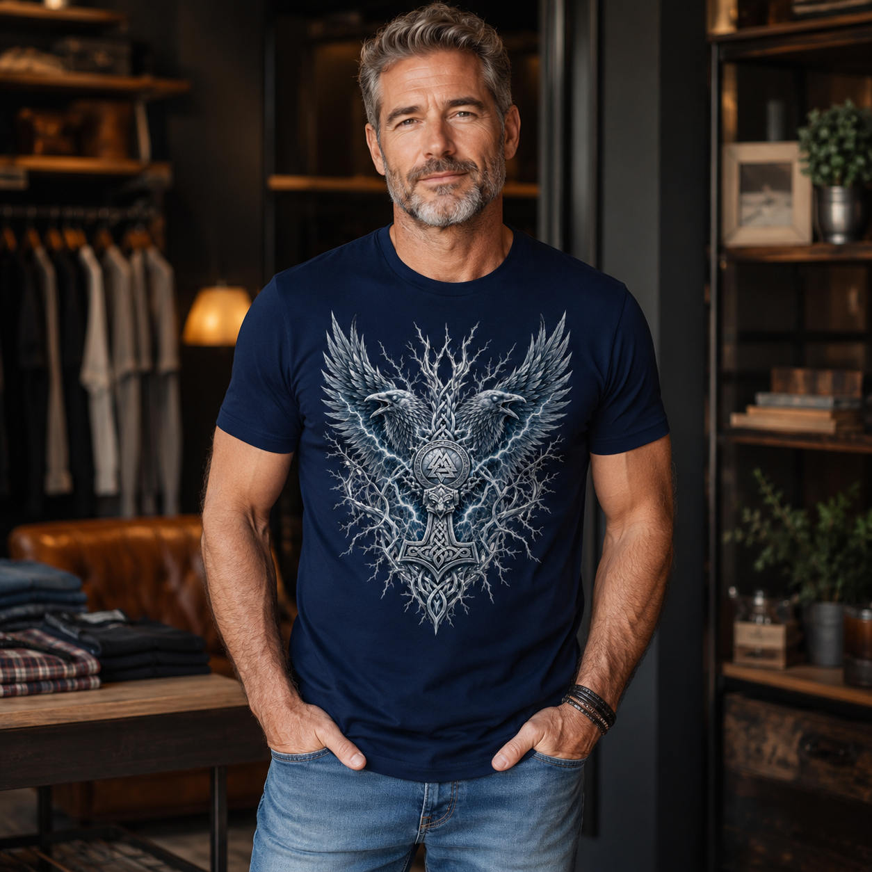 Man wearing dark blue t-shirt with Thor's Hammer and eagle graphic.
