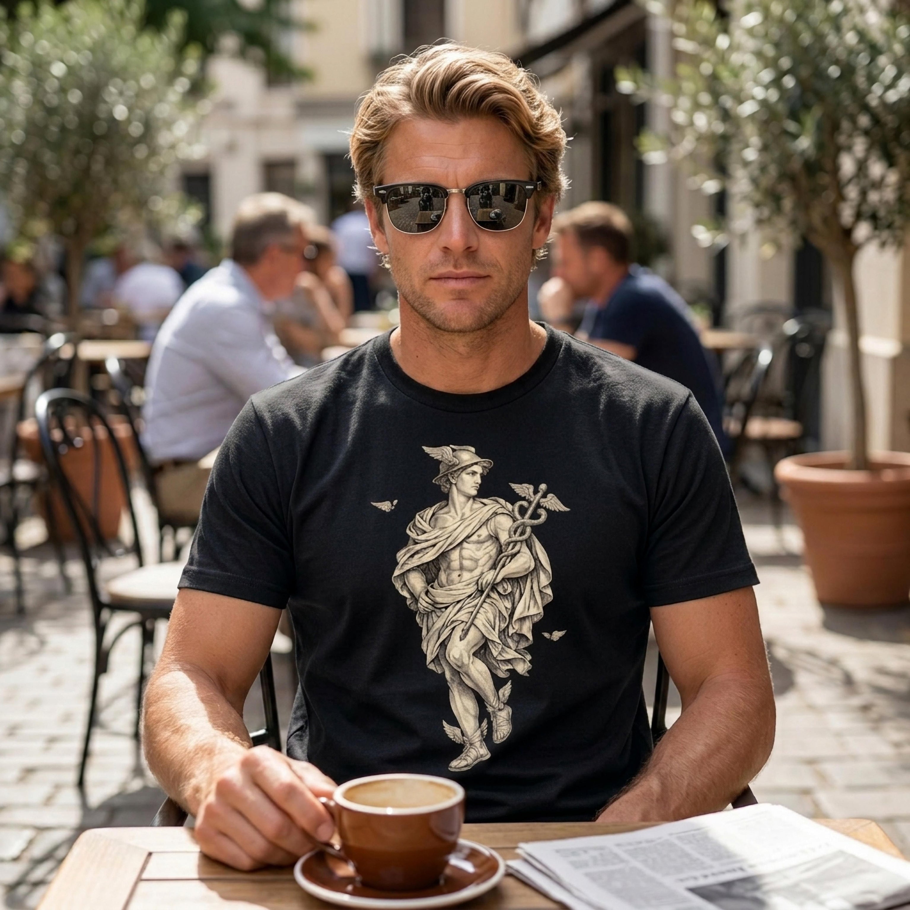 Man wearing a black t-shirt with a Mercury graphic, holding a coffee cup.