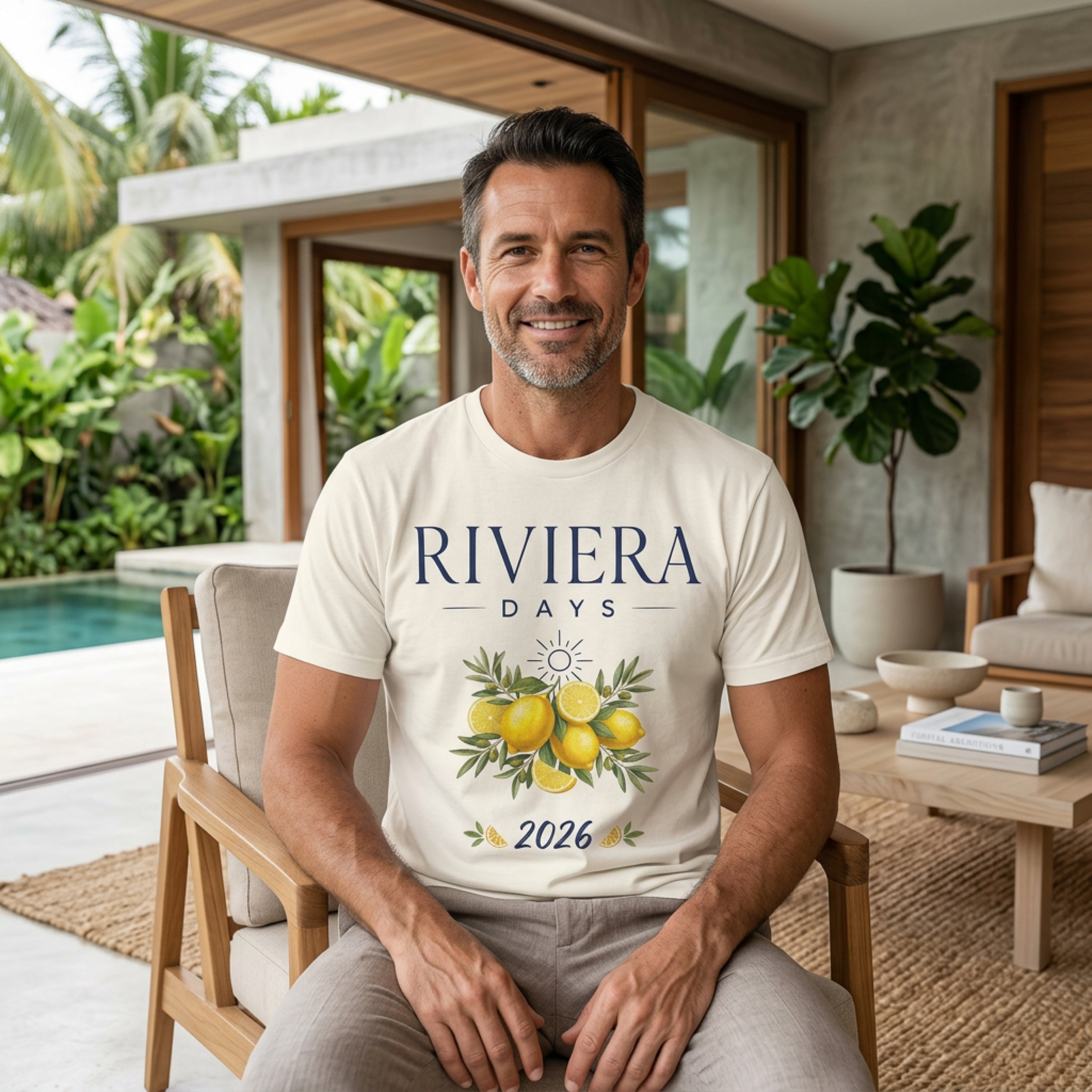 Cream t-shirt with "Riviera Days" text, lemon graphic, and "2026" date.