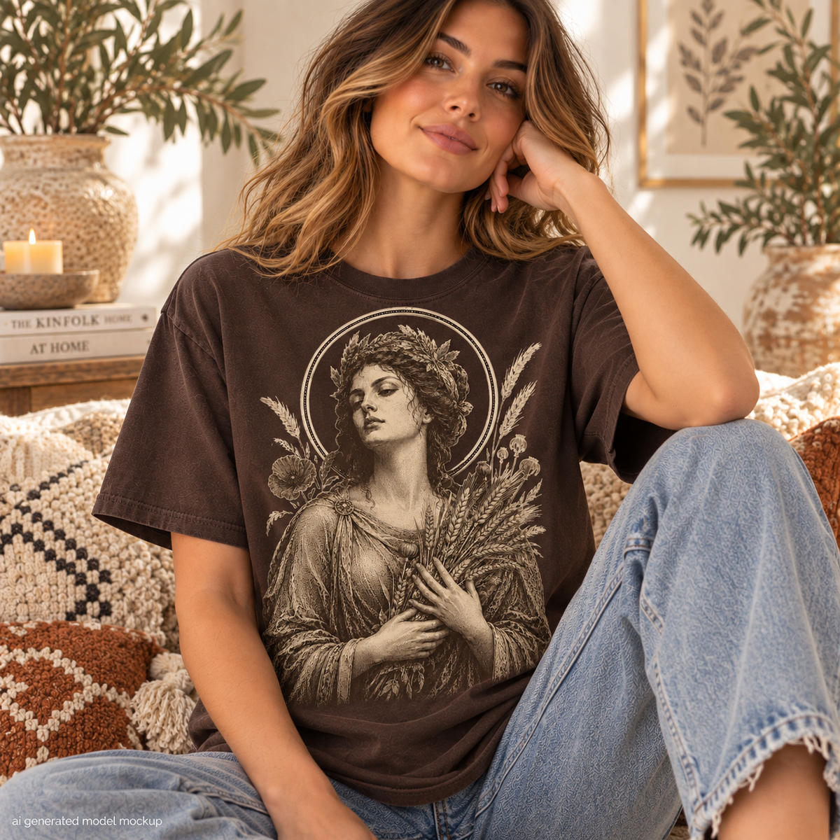 Brown t-shirt with vintage illustration of a woman holding wheat and wearing a laurel wreath.