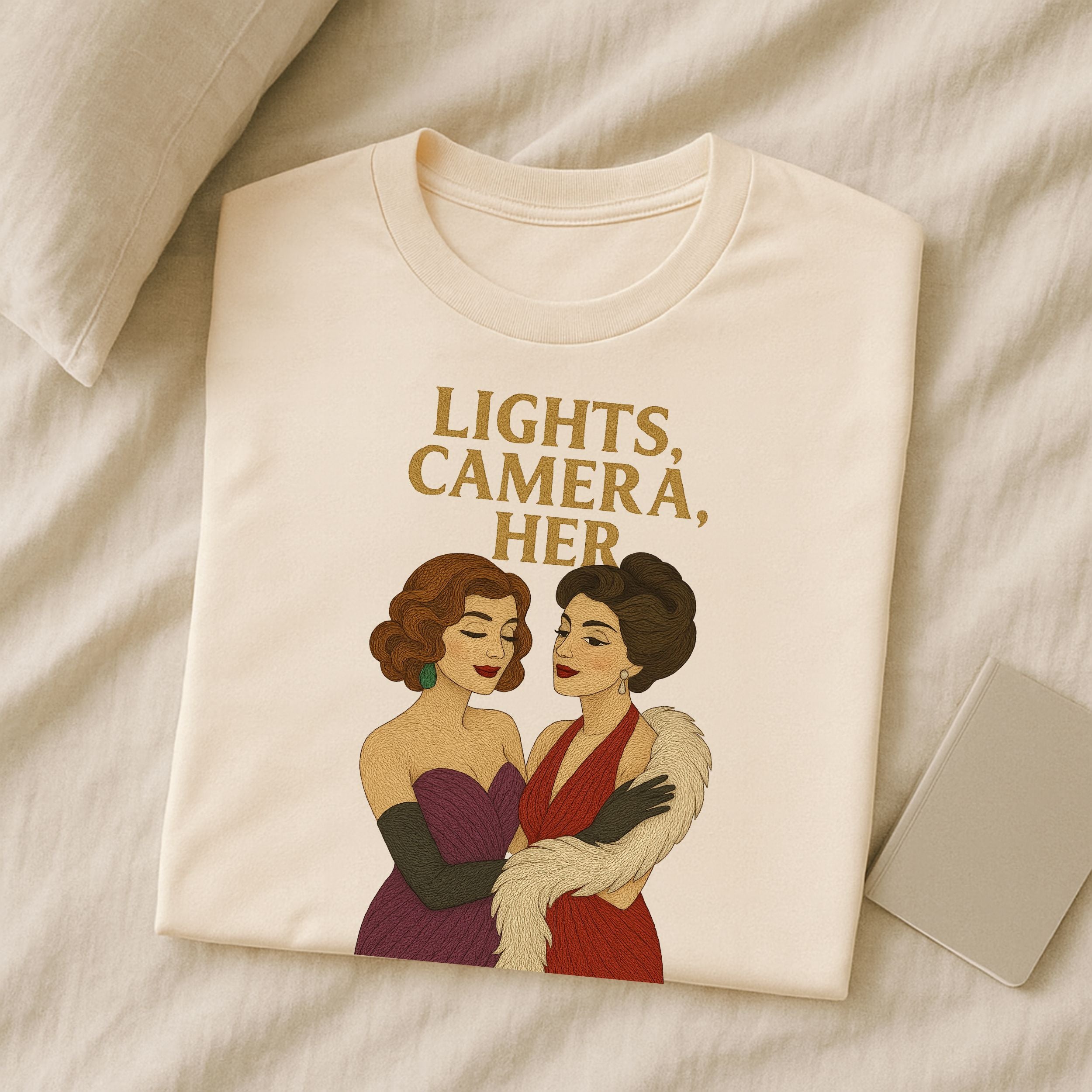 Lights, Camera, Her – Vintage Sapphic T-Shirt, Old Hollywood Glam Gift
