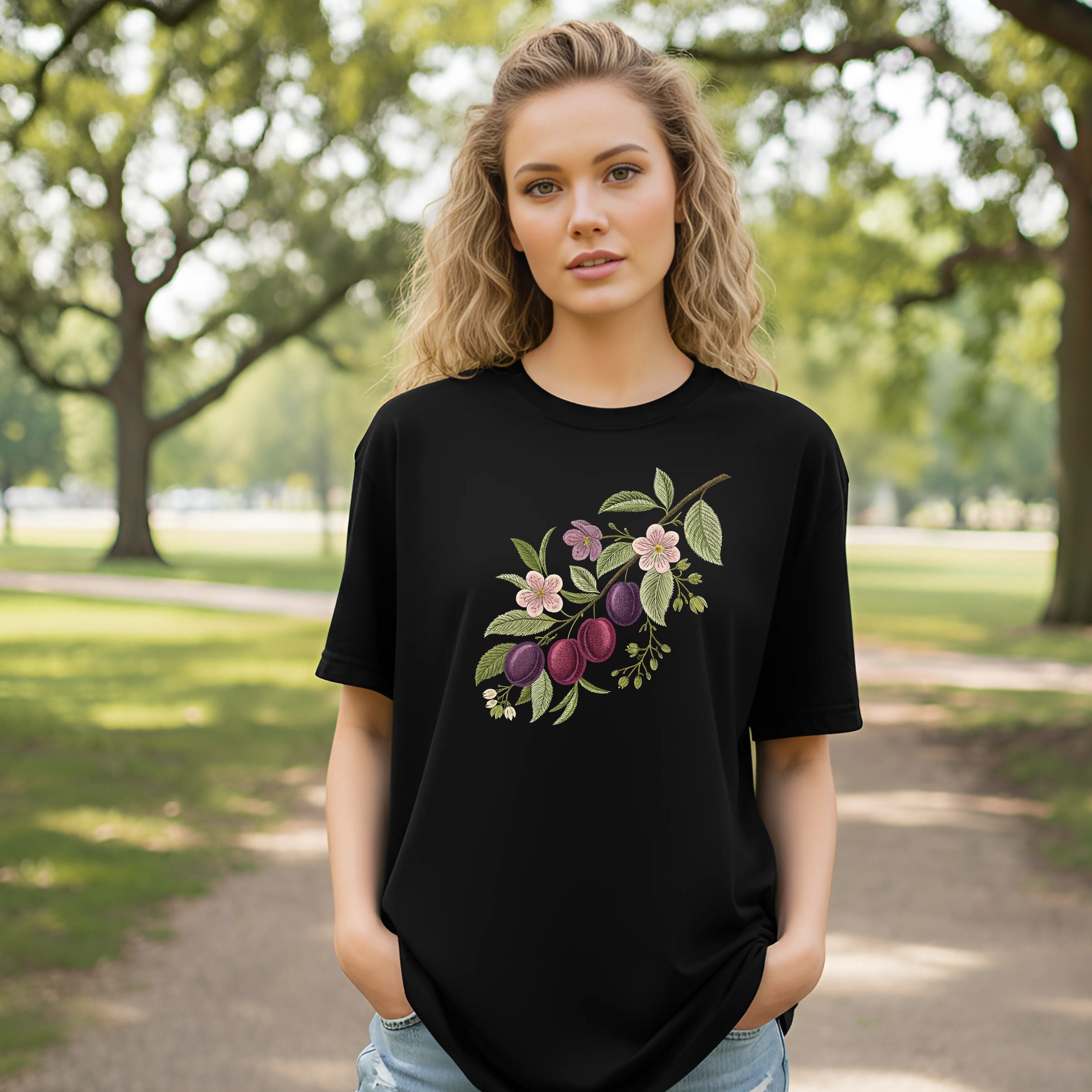 Elegant Floral and Plum Fruit Design T-Shirt