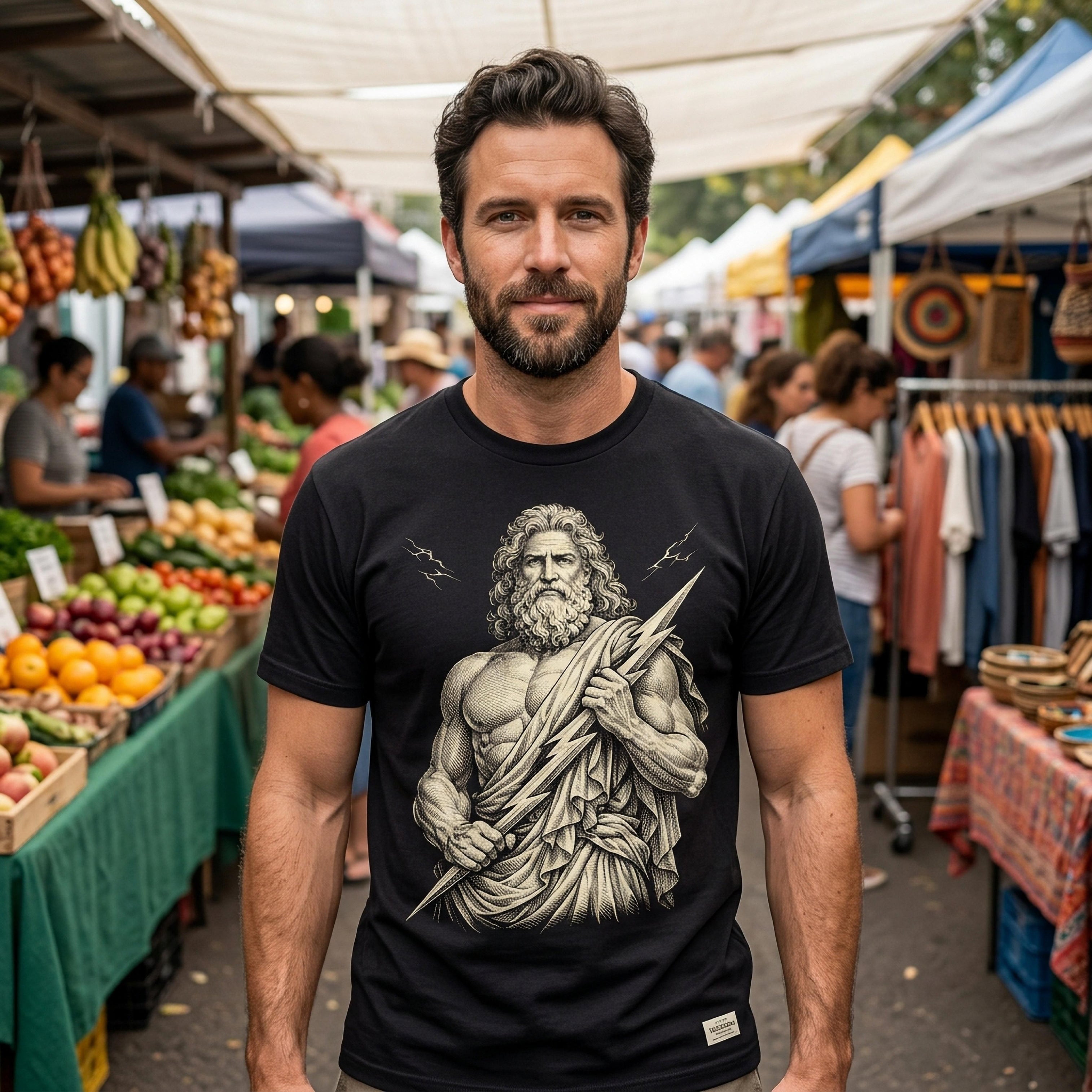 Man wearing black t-shirt with a sketch of Zeus holding a lightning bolt.