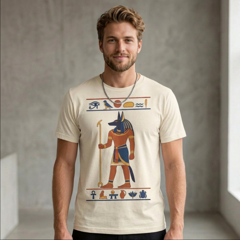 Man wearing a cream t-shirt with Egyptian Anubis hieroglyphs.