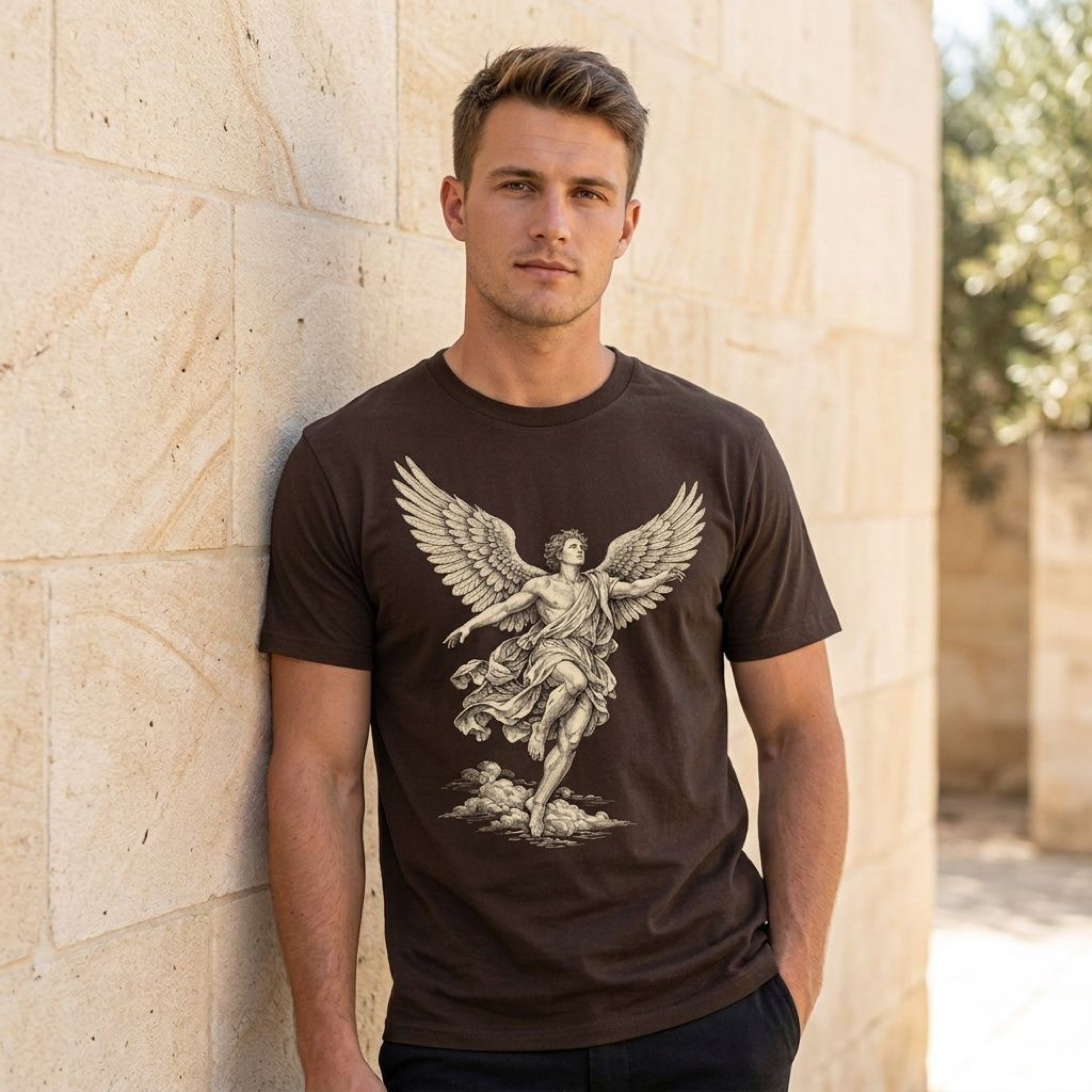 Man wearing a brown t-shirt with an angelic figure graphic.