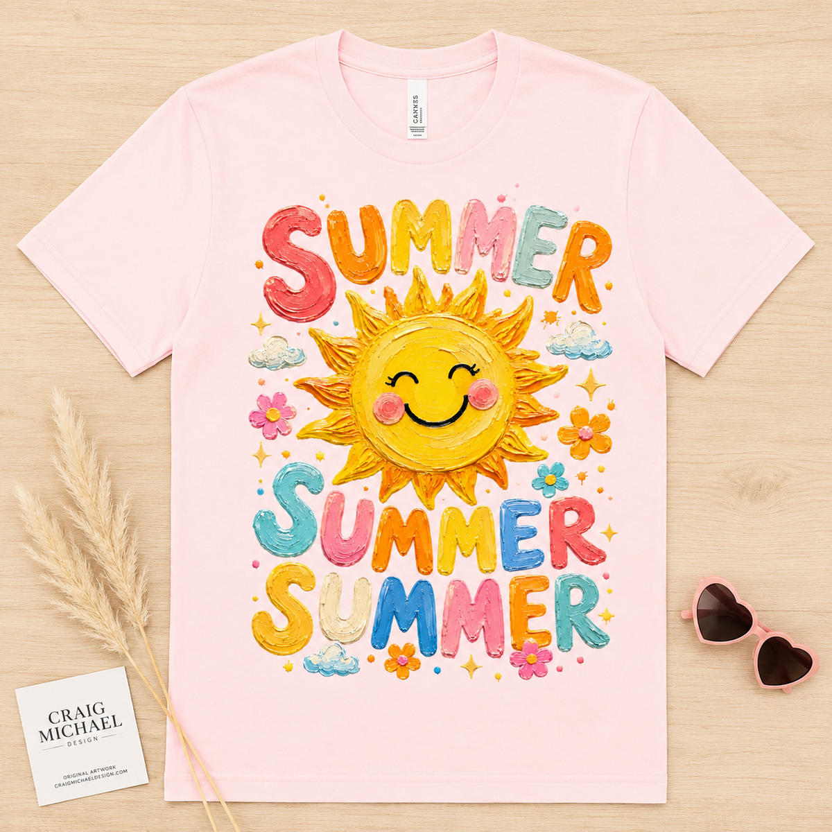 Pink t-shirt with "SUMMER SUMMER" text and a smiling sun graphic.