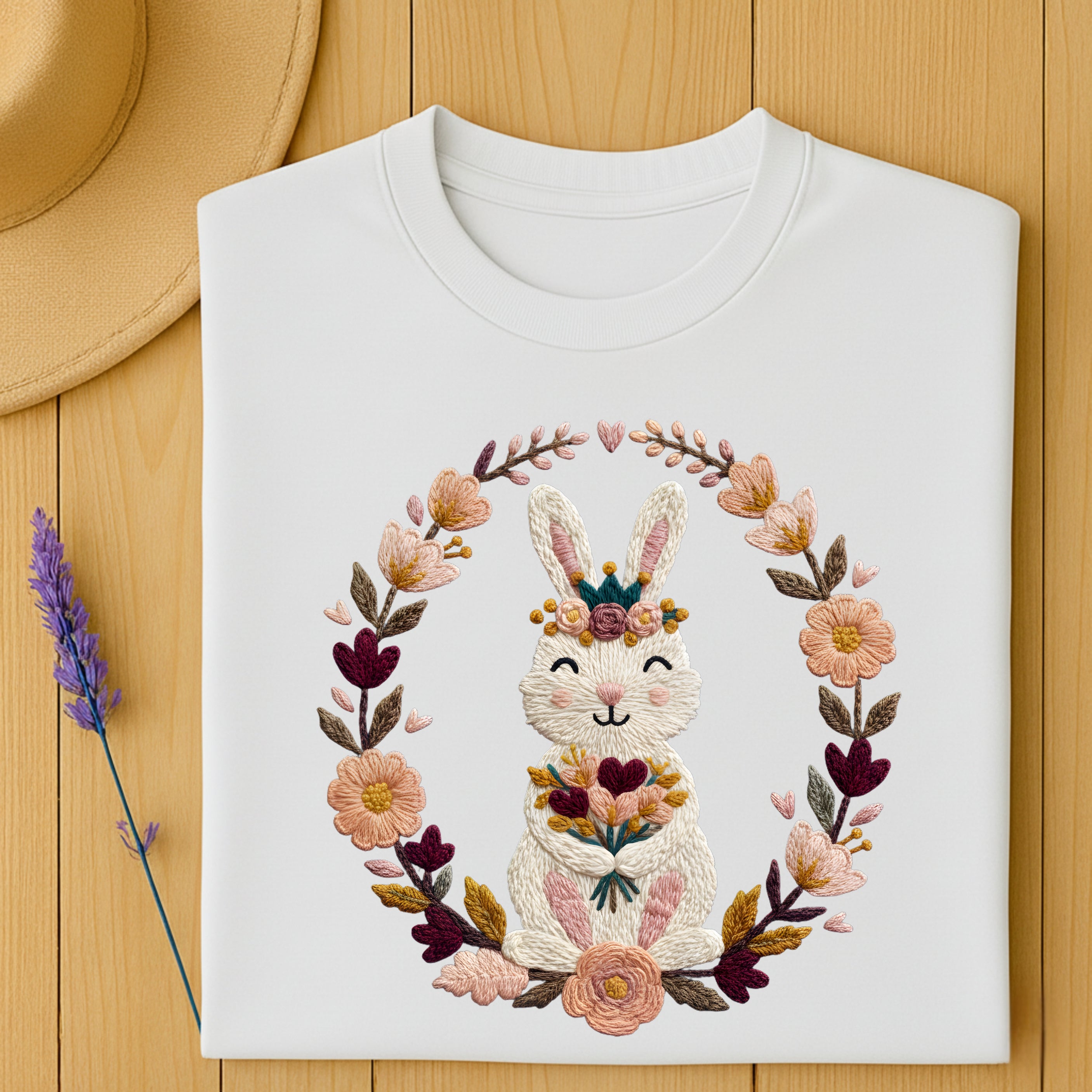 Cute Floral Bunny Embroidered Design T-Shirt