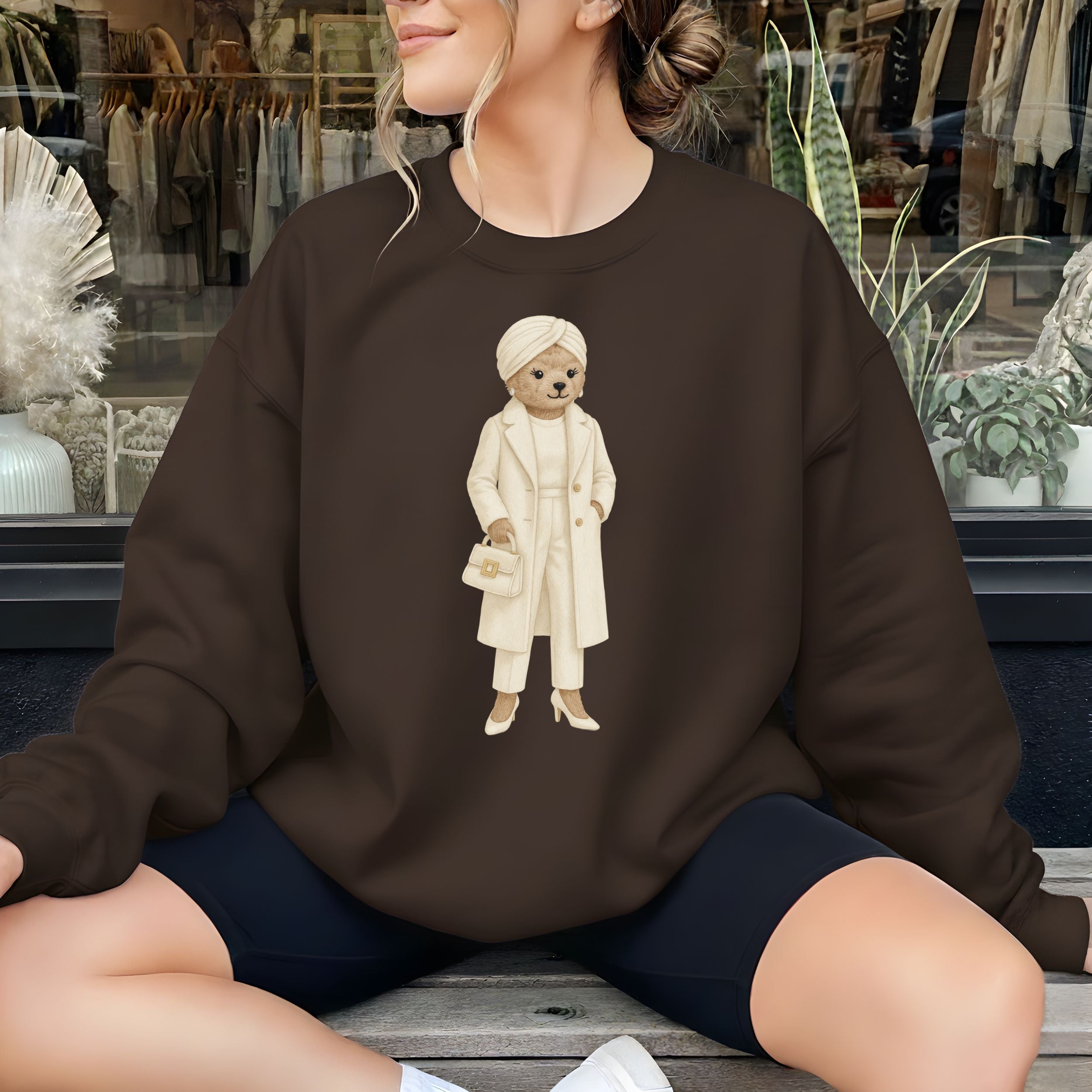 Chic Bear in Creamy Outfit Graphic Sweatshirt