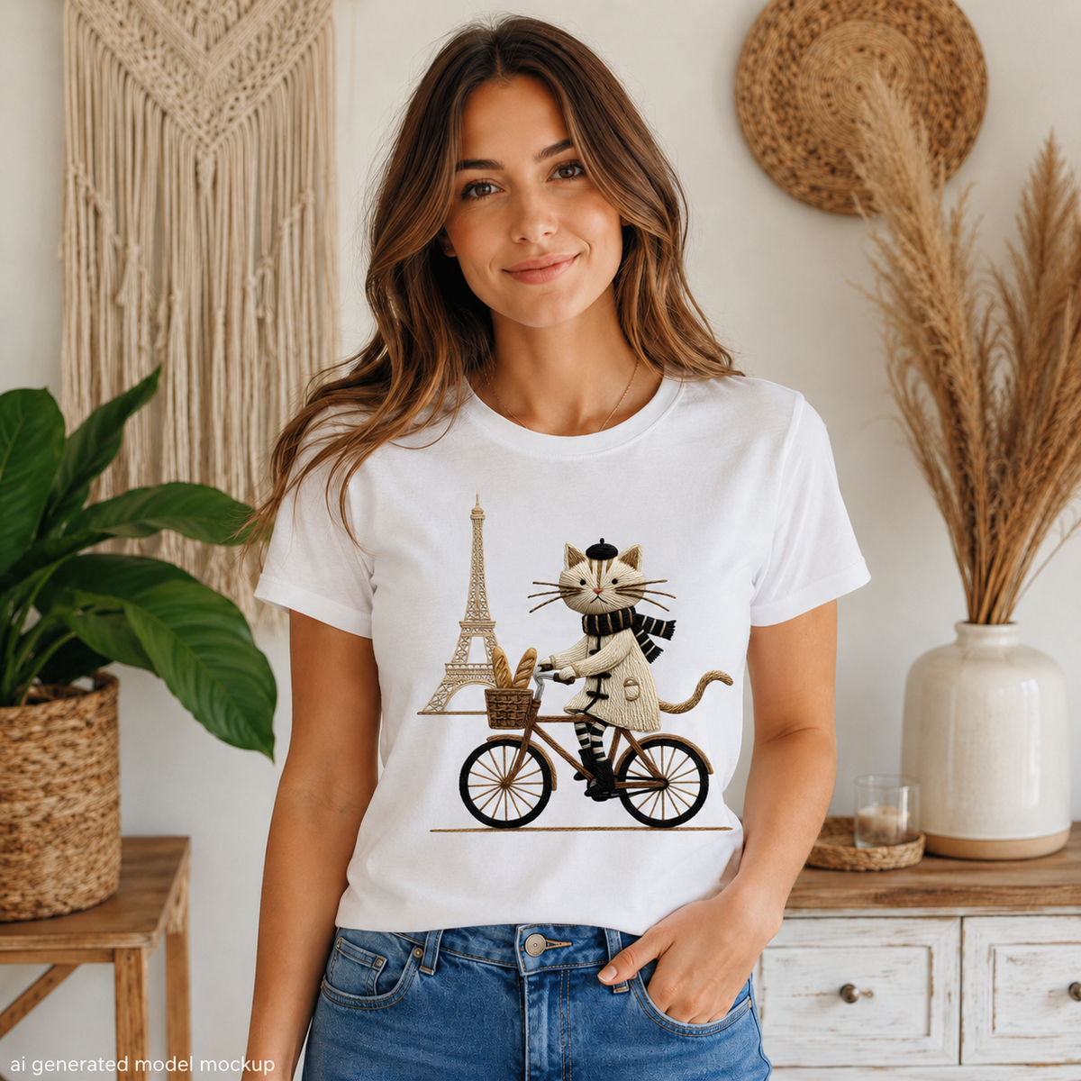 White t-shirt with a graphic of a cat riding a bicycle in Paris with the Eiffel Tower.