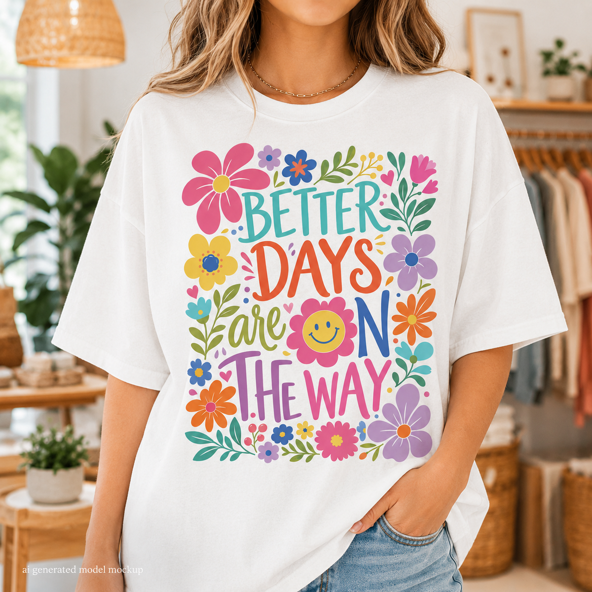 White t-shirt with colorful floral design and "BETTER DAYS are ON THE WAY" text.