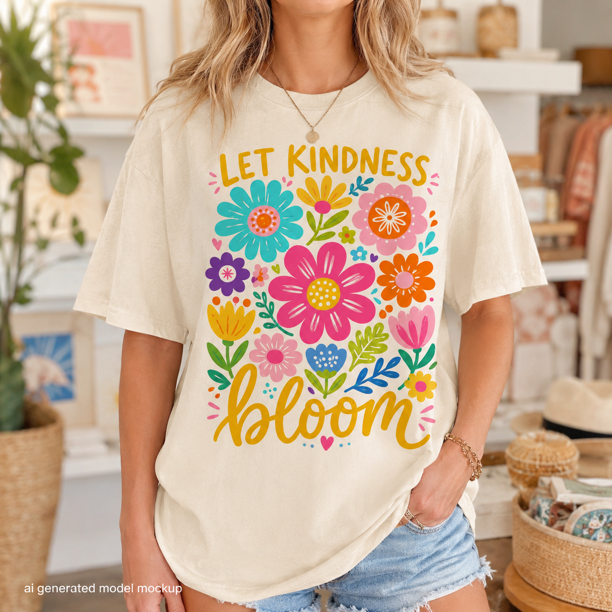 Cream t-shirt with colorful floral graphic and "Let Kindness Bloom" text.