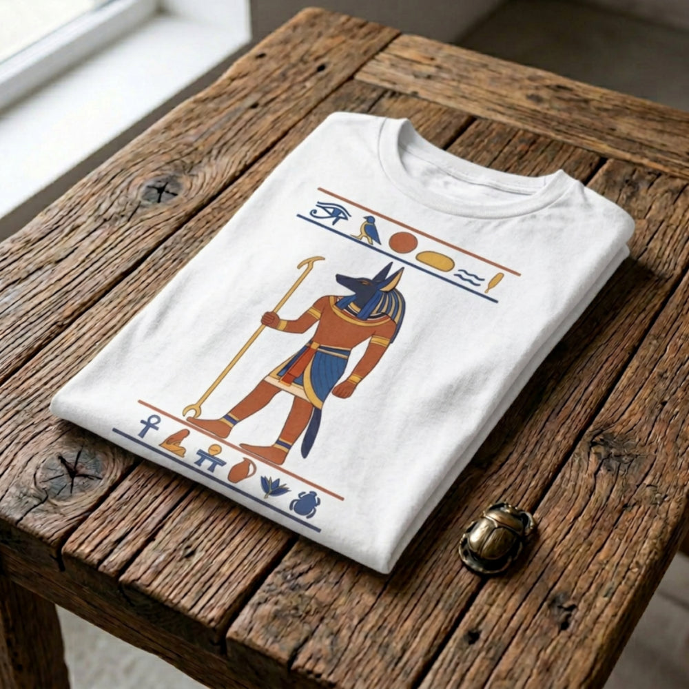 White t-shirt featuring Anubis illustration with hieroglyphs and scarab beetle.