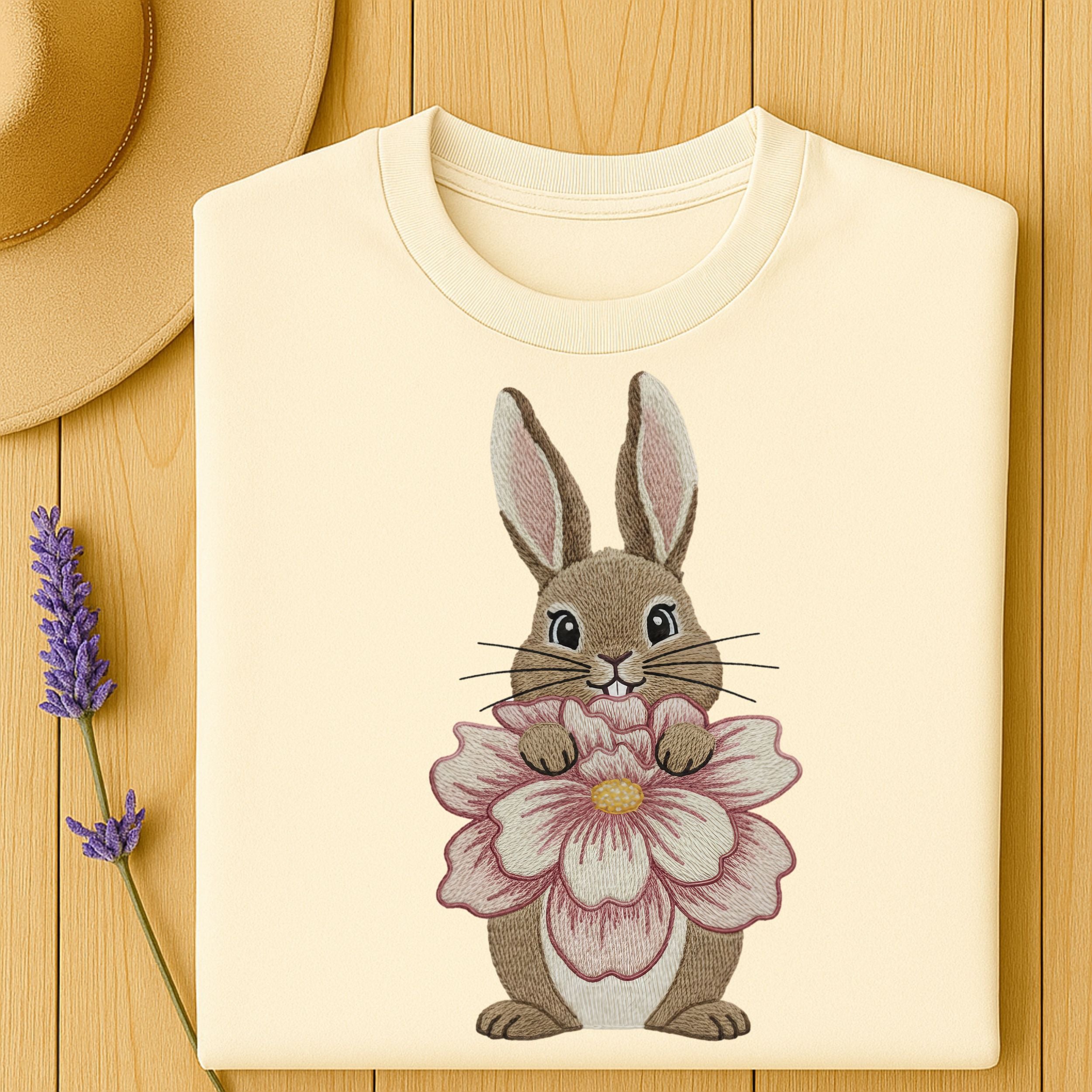 Cute Bunny with Flower Embroidered Shirt
