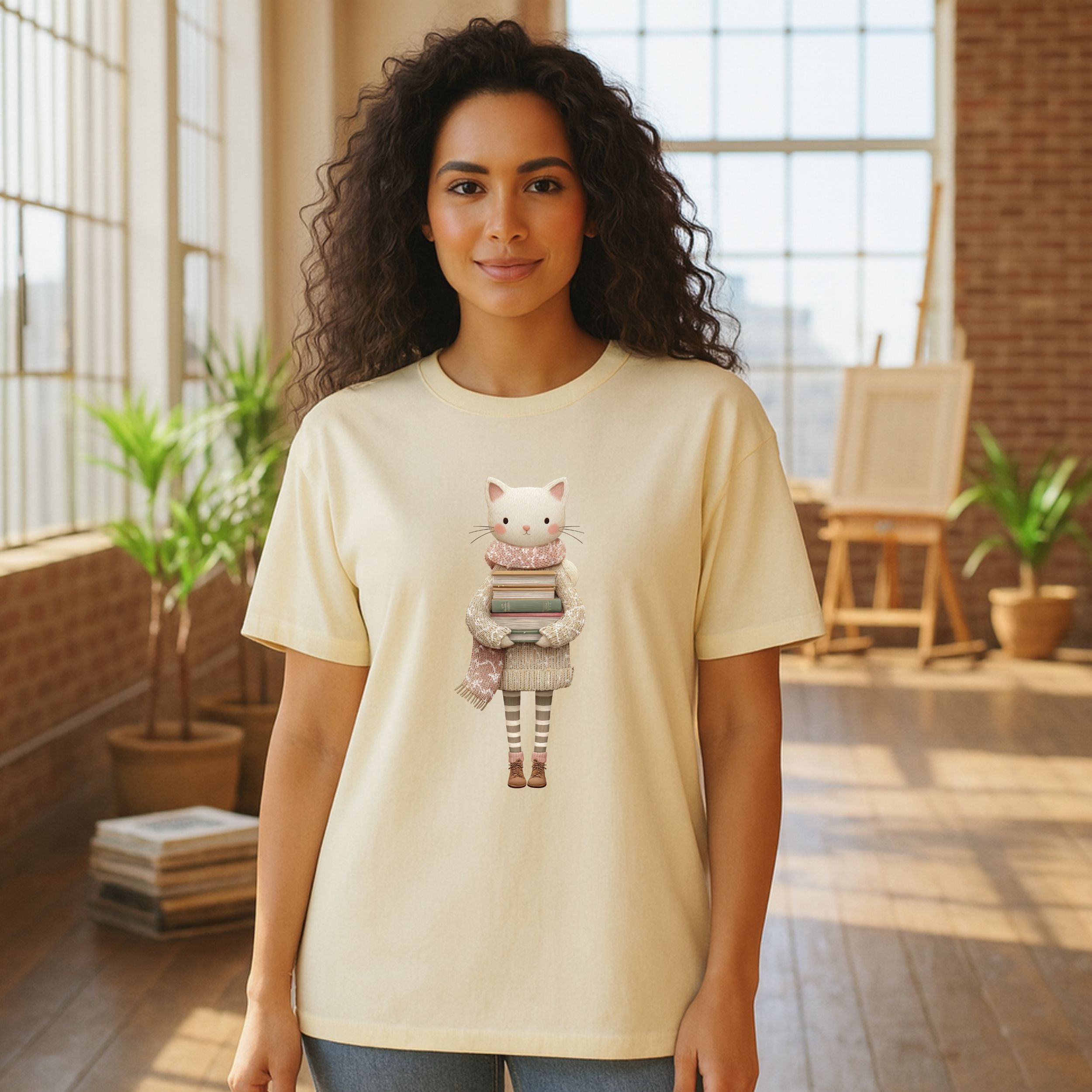 Adorable Cat With Books Graphic on Beige T-shirt